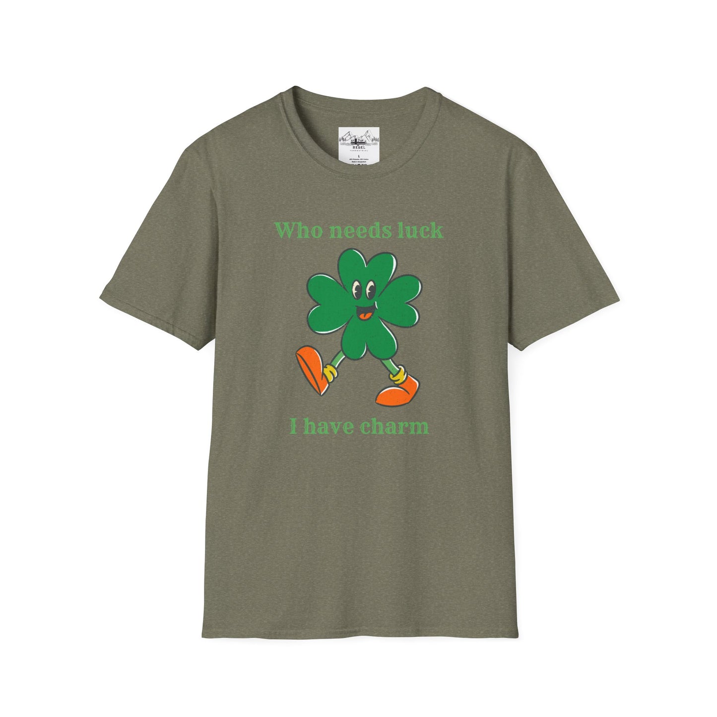 "Who Needs Luck" Graphic Tee – Cheerful Shamrock Character