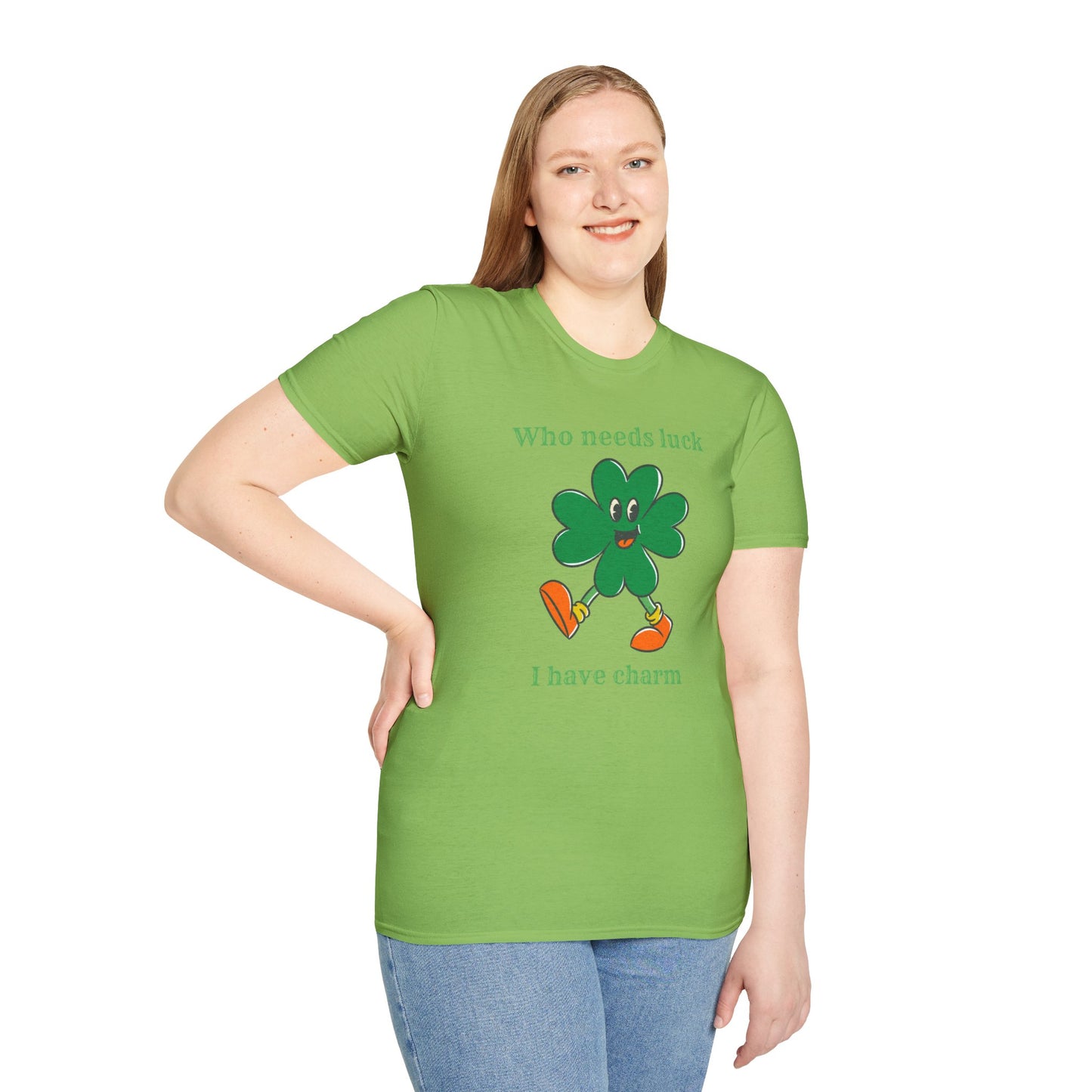 "Who Needs Luck" Graphic Tee – Cheerful Shamrock Character