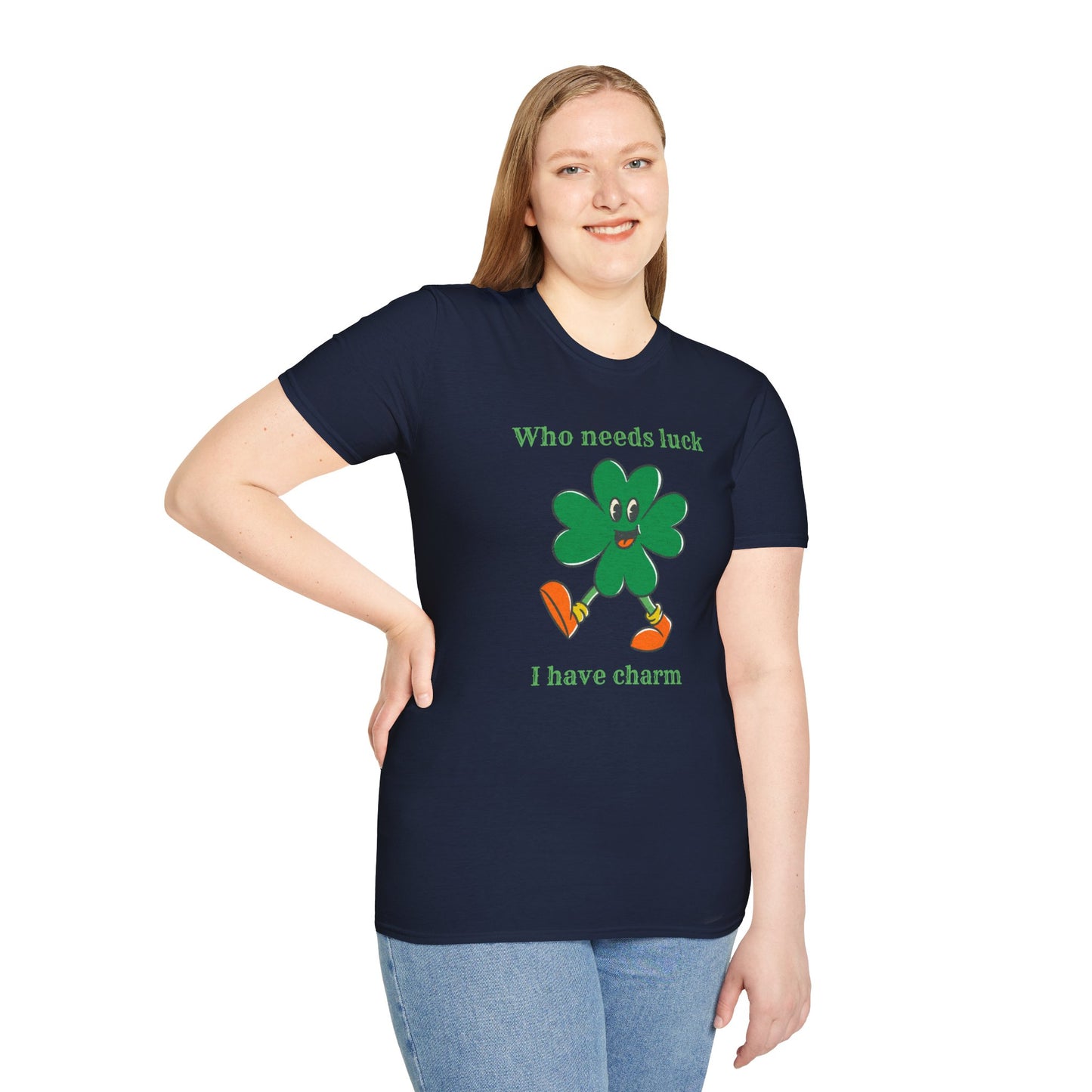"Who Needs Luck" Graphic Tee – Cheerful Shamrock Character