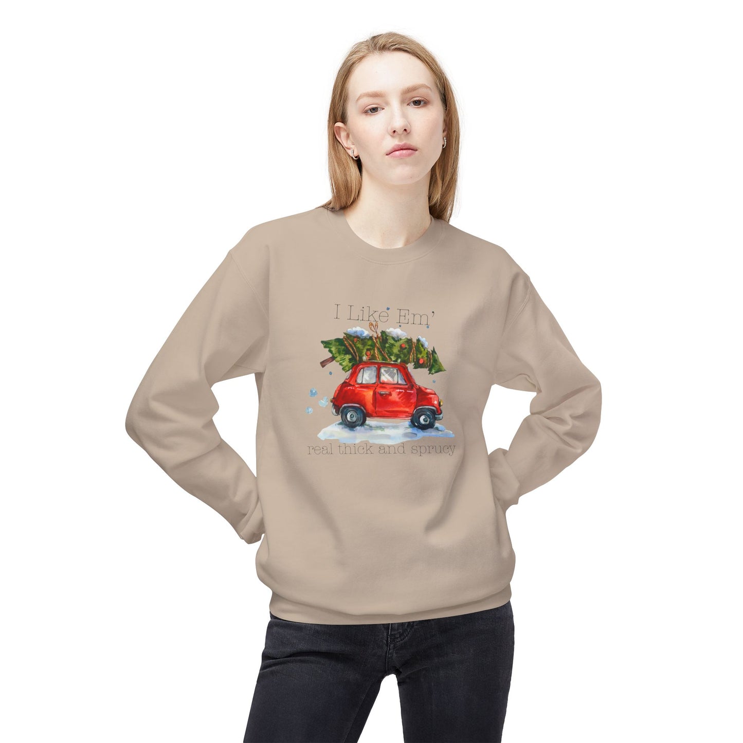 I Like 'Em Real Thick and Sprucy Midweight Crewneck Sweatshirt | Cozy Watercolor Car