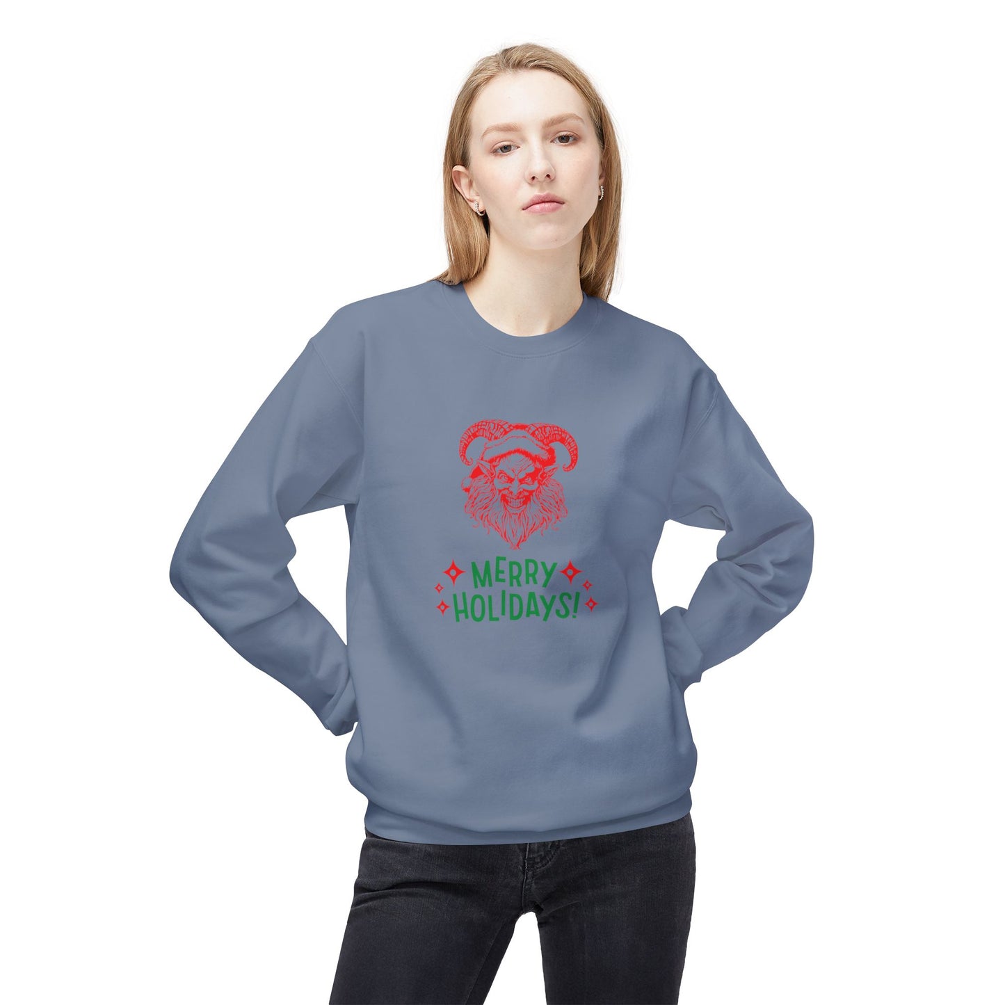 Smiling Krampus "Merry Holidays" Midweight Crewneck Sweatshirt | Cozy Fleece
