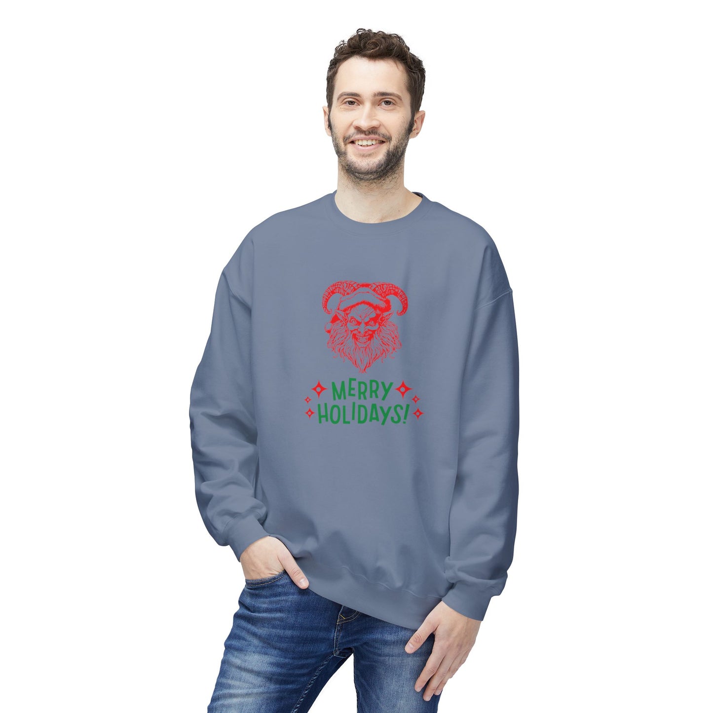 Smiling Krampus "Merry Holidays" Midweight Crewneck Sweatshirt | Cozy Fleece