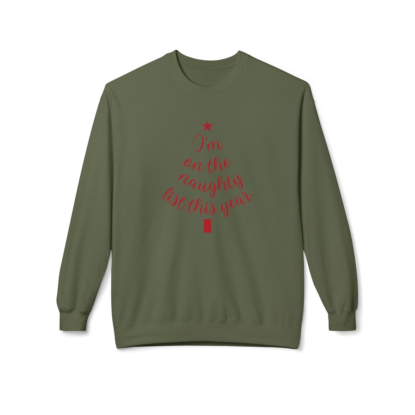 "Naughty List This Year" — Minimalist Tree Script Cozy Crewneck Sweatshirt