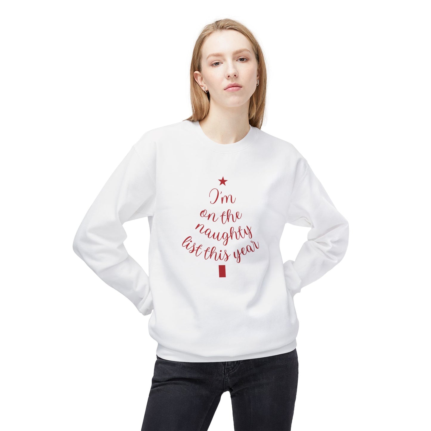 "Naughty List This Year" — Minimalist Tree Script Cozy Crewneck Sweatshirt
