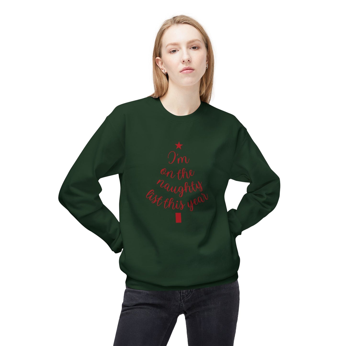 "Naughty List This Year" — Minimalist Tree Script Cozy Crewneck Sweatshirt