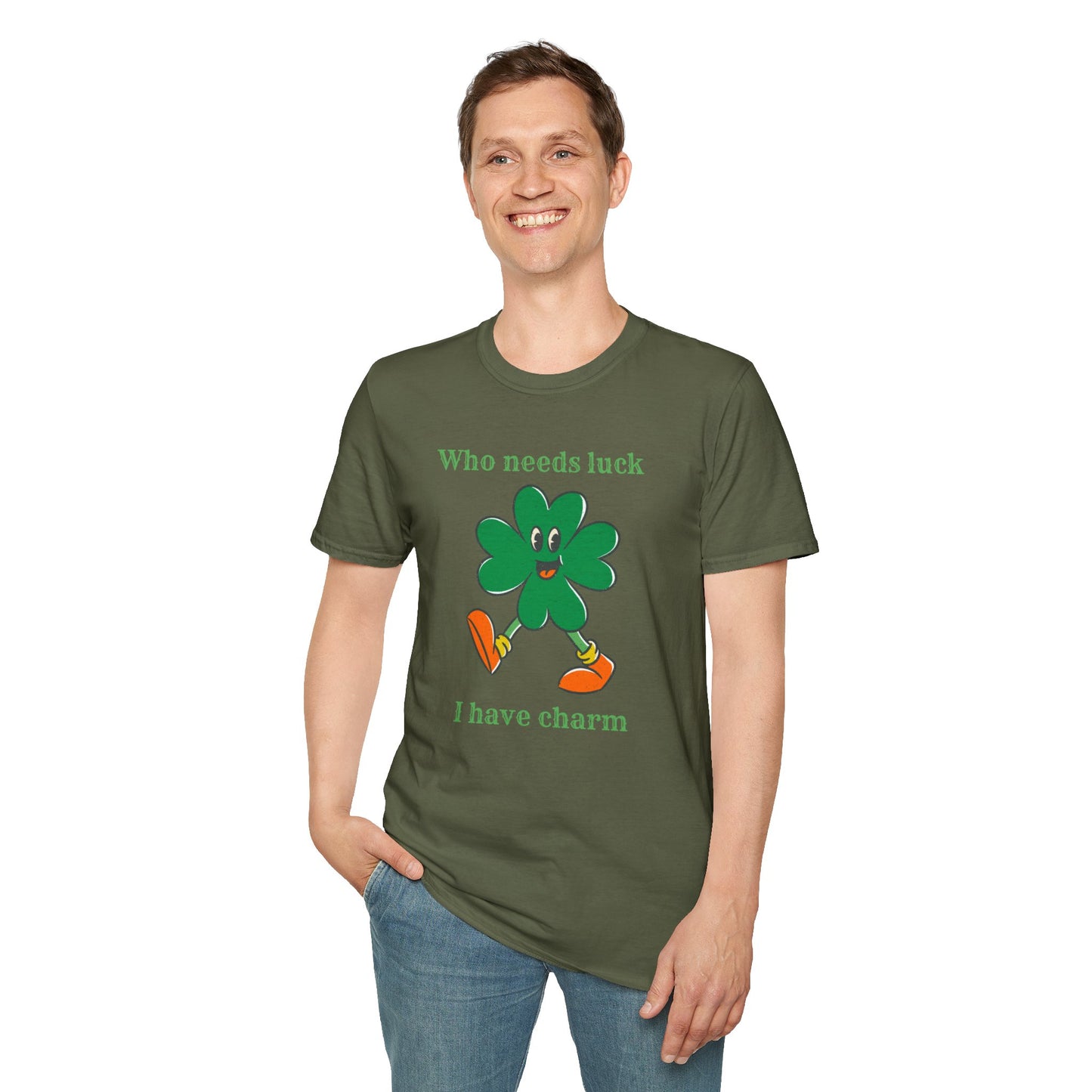 "Who Needs Luck" Graphic Tee – Cheerful Shamrock Character