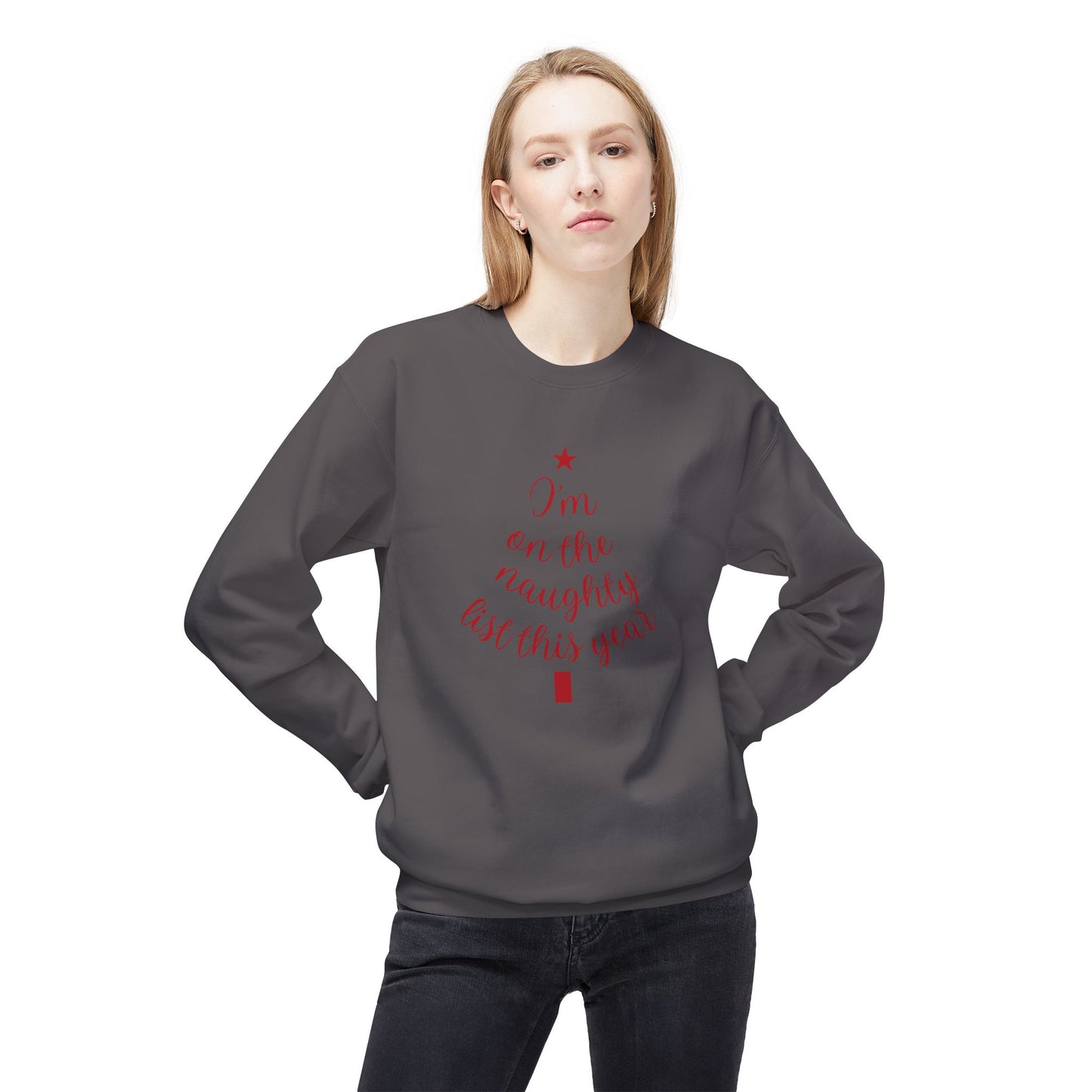 "Naughty List This Year" — Minimalist Tree Script Cozy Crewneck Sweatshirt