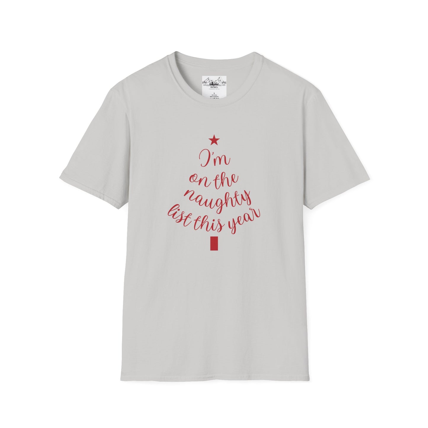 "I'm on the Naughty List This Year" — Subtle Tree-Shaped Script T-Shirt