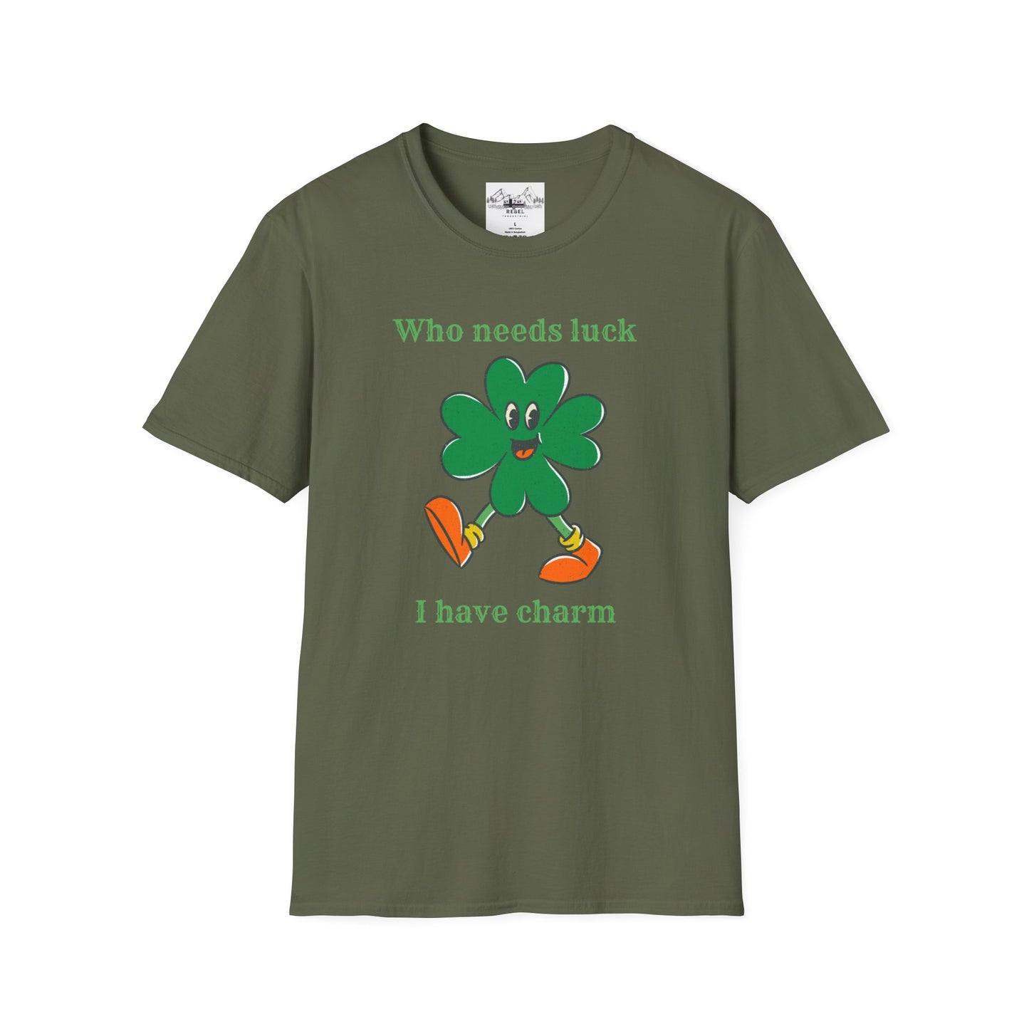 "Who Needs Luck" Graphic Tee – Cheerful Shamrock Character