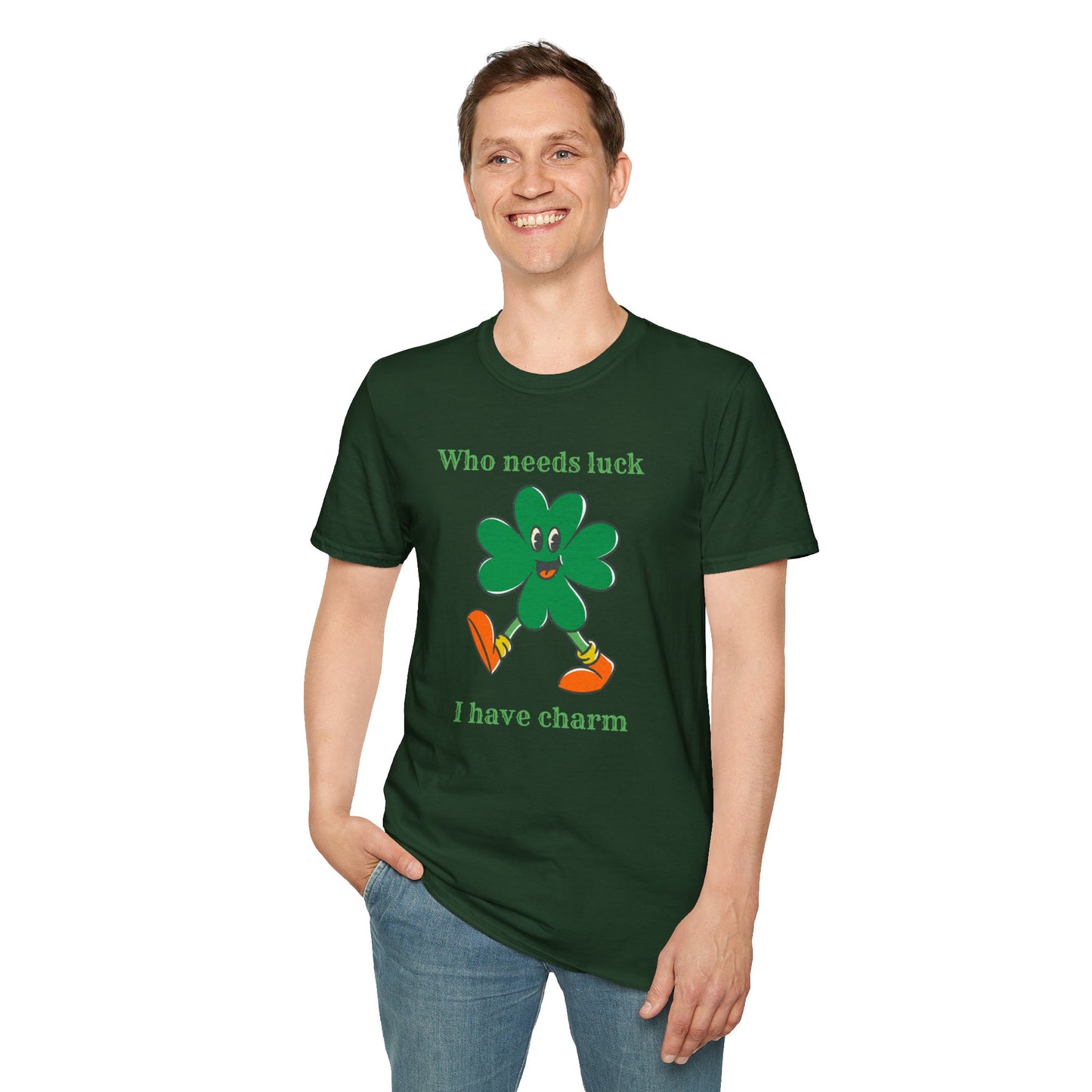 "Who Needs Luck" Graphic Tee – Cheerful Shamrock Character