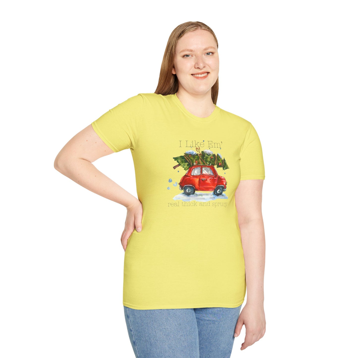 I Like 'Em Real Thick and Sprucy T-Shirt | Watercolor Retro Car & Tree