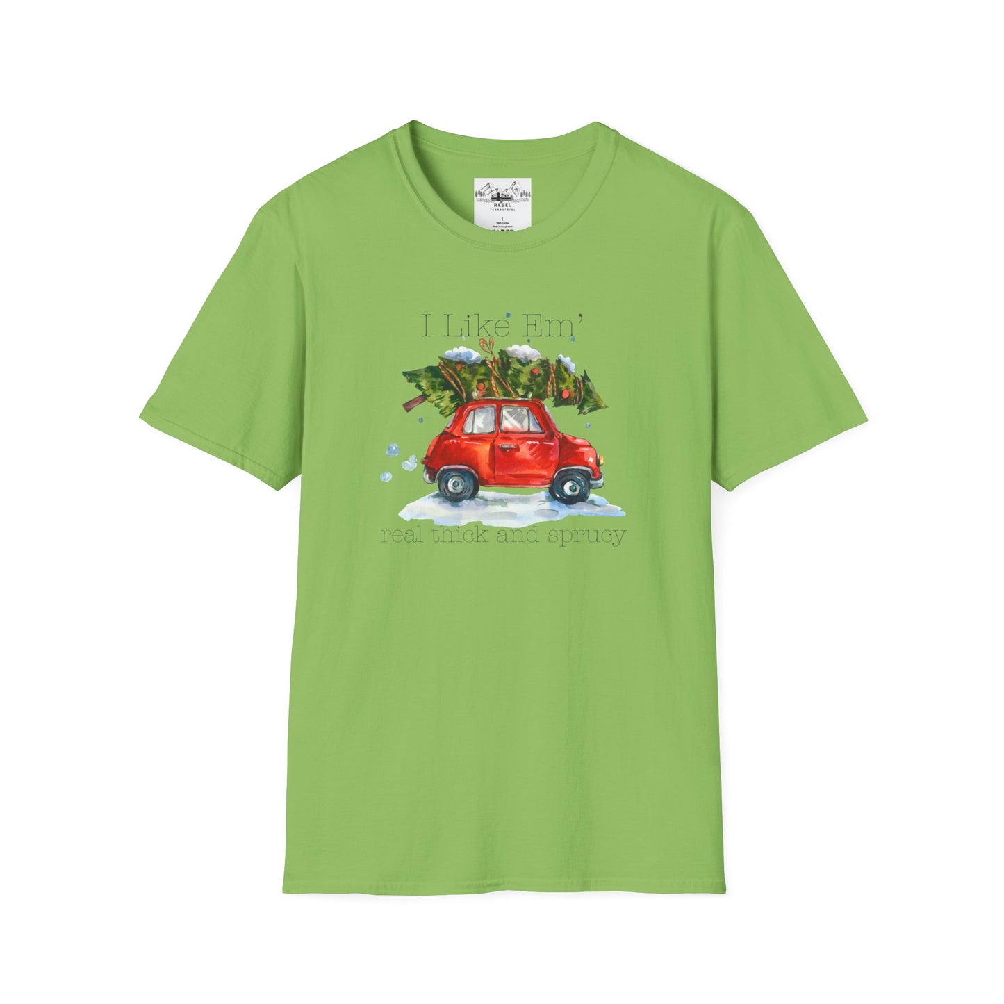 I Like 'Em Real Thick and Sprucy T-Shirt | Watercolor Retro Car & Tree