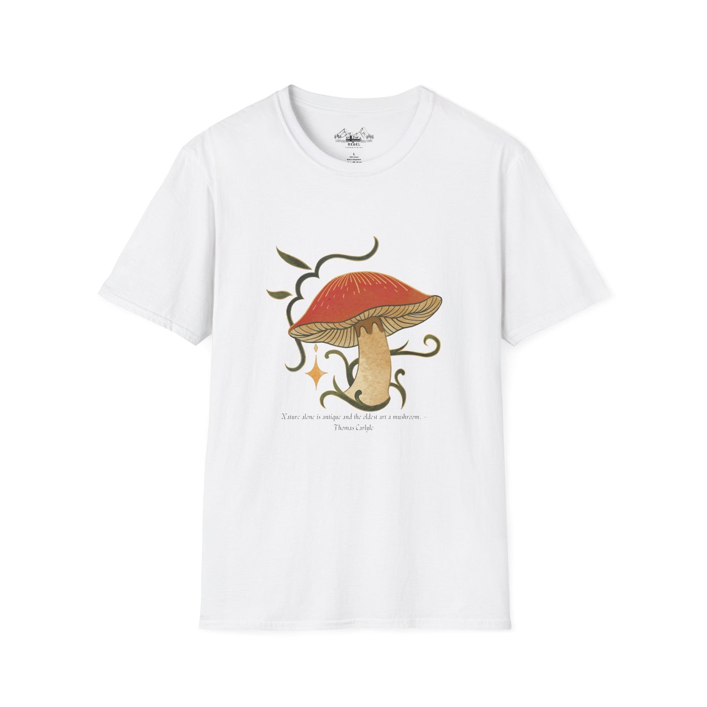 Nature Alone Is Antique – Old World Mushroom Unisex Softstyle T-Shirt | Thomas Carlyle Quote