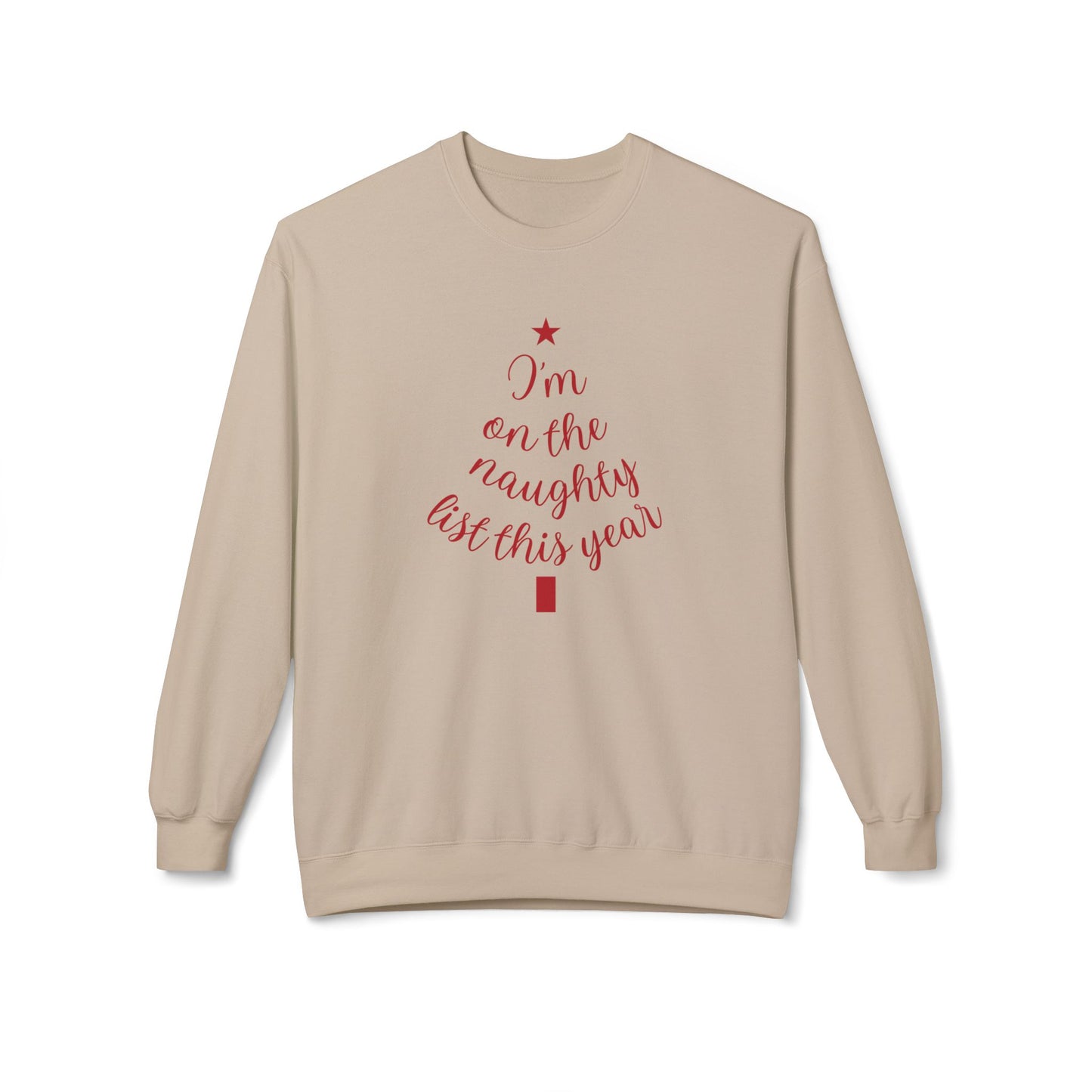 "Naughty List This Year" — Minimalist Tree Script Cozy Crewneck Sweatshirt