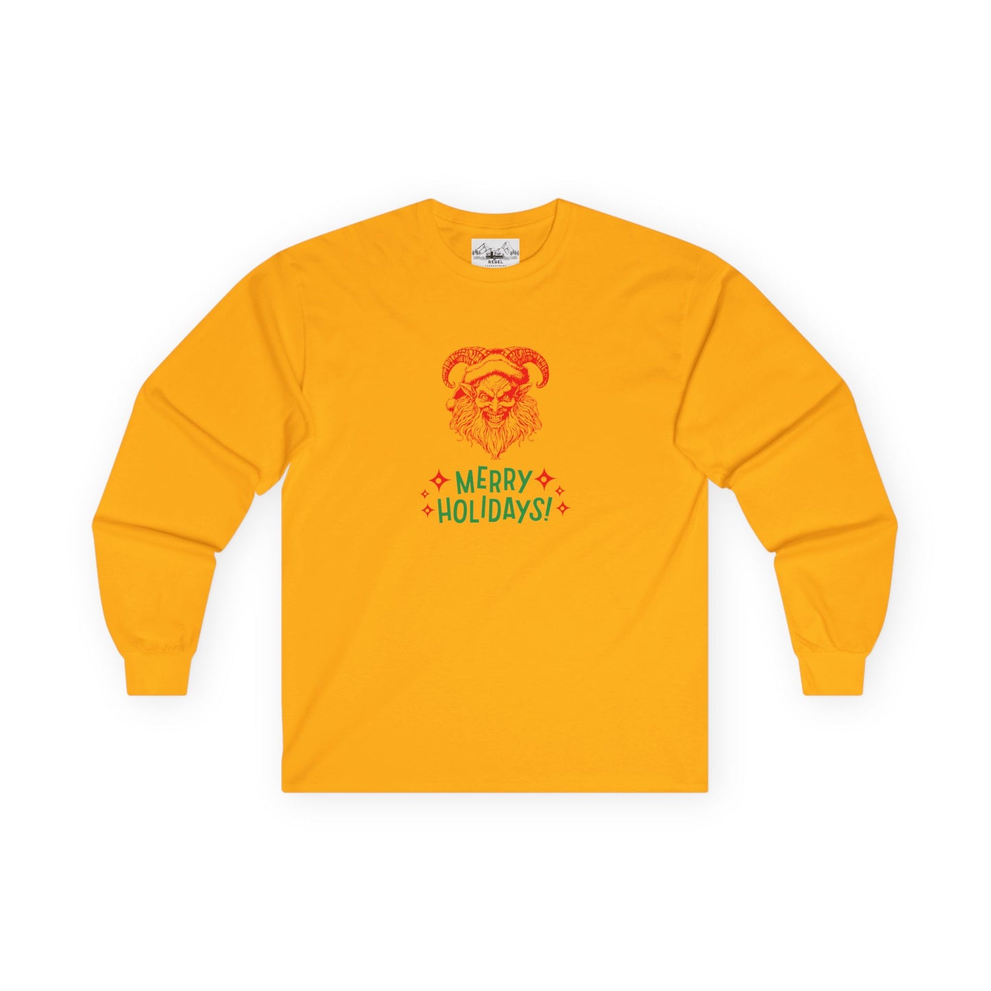 Smiling Krampus "Merry Holidays" Vintage Long Sleeve Tee | Dark Holiday Humor