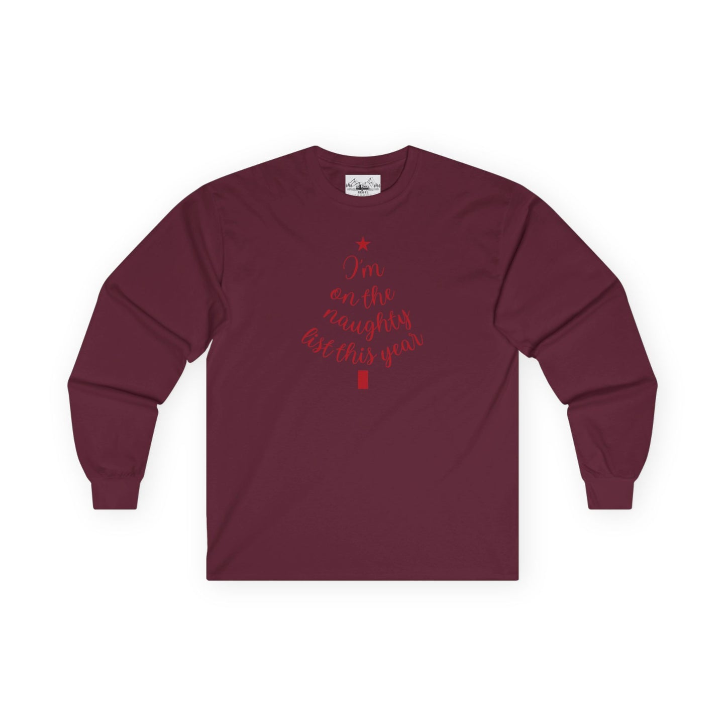 "I'm on the Naughty List This Year" Vintage Long Sleeve Tee | Cozy Tree Script