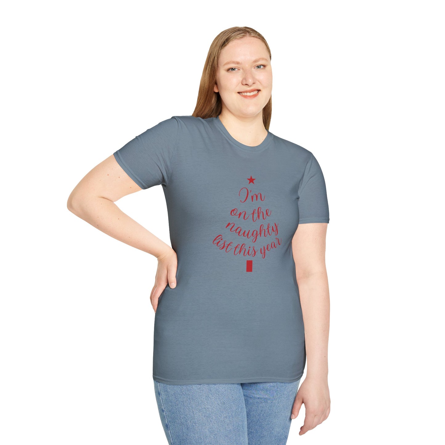 "I'm on the Naughty List This Year" — Subtle Tree-Shaped Script T-Shirt