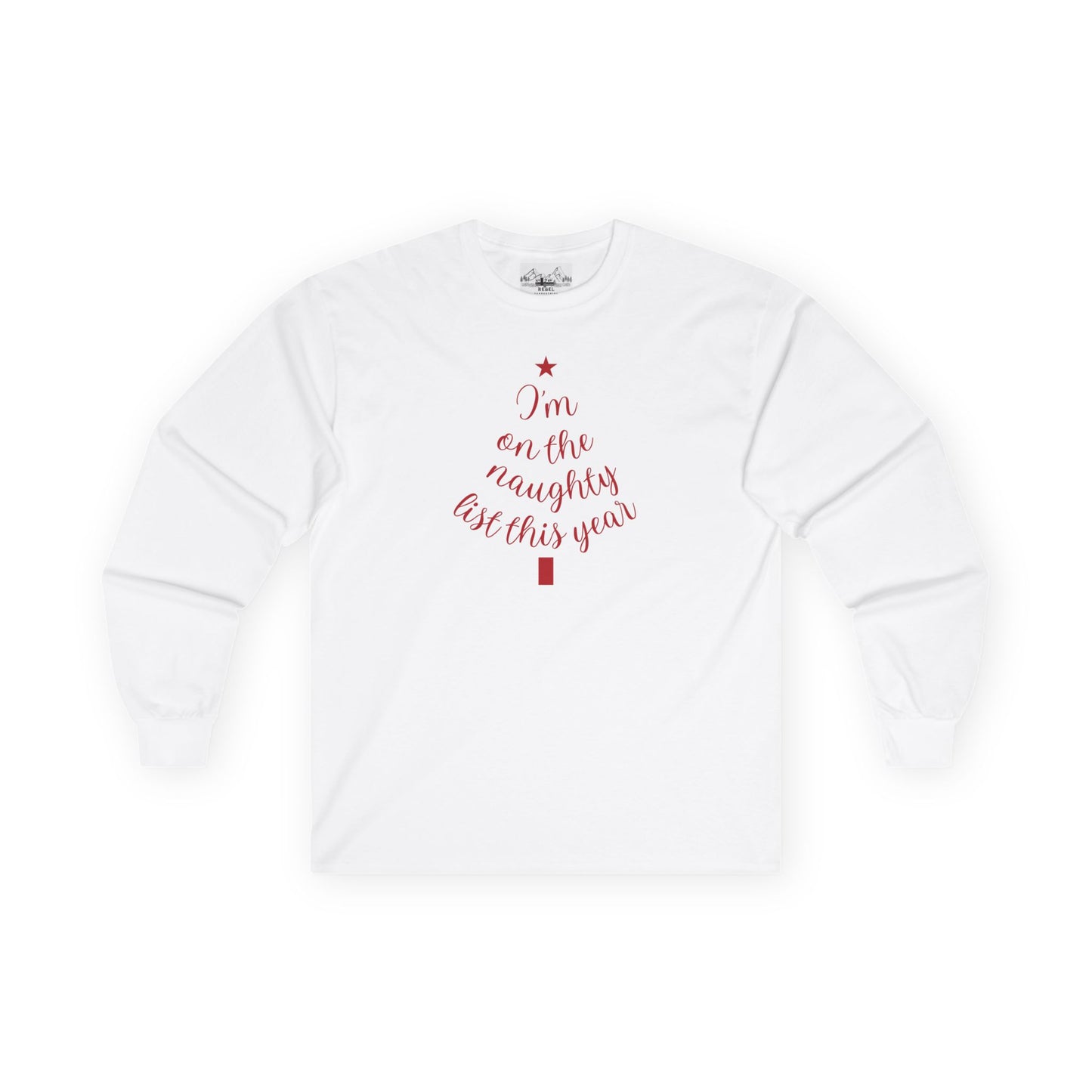 "I'm on the Naughty List This Year" Vintage Long Sleeve Tee | Cozy Tree Script