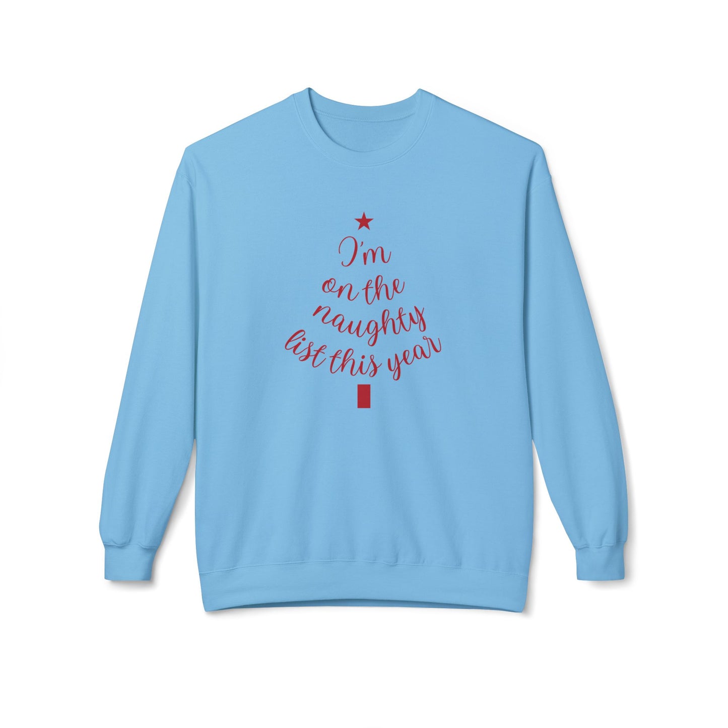 "Naughty List This Year" — Minimalist Tree Script Cozy Crewneck Sweatshirt