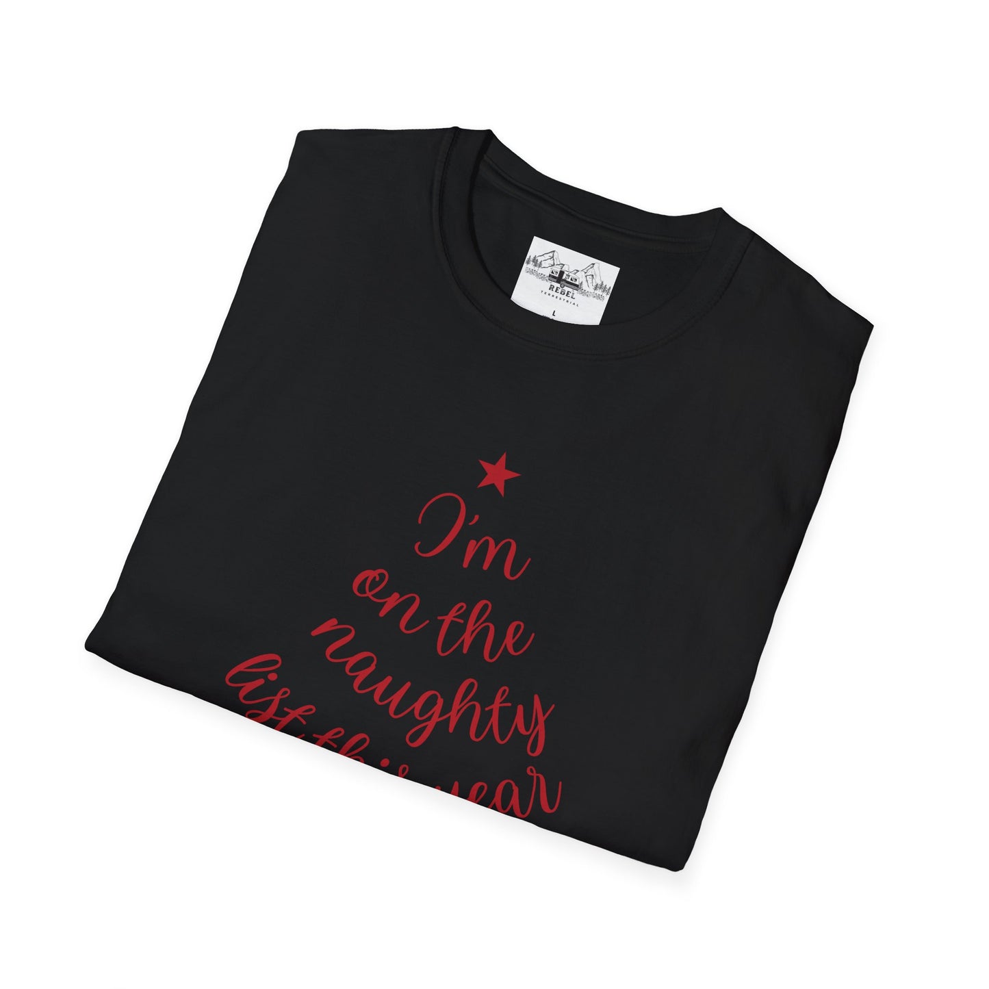 "I'm on the Naughty List This Year" — Subtle Tree-Shaped Script T-Shirt