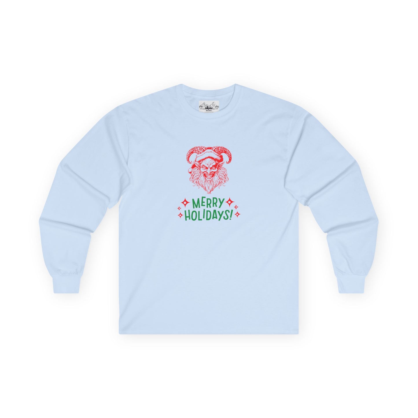 Smiling Krampus "Merry Holidays" Vintage Long Sleeve Tee | Dark Holiday Humor