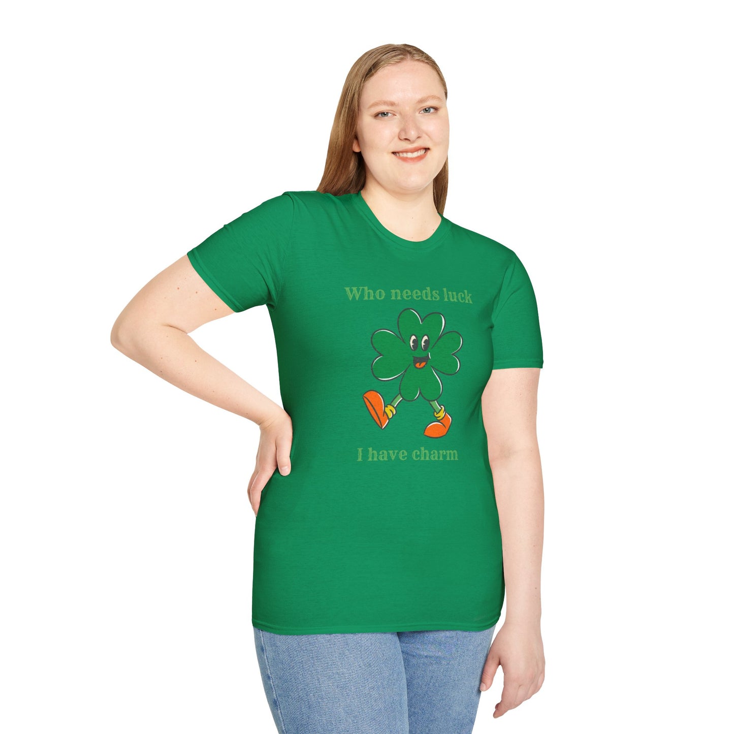 "Who Needs Luck" Graphic Tee – Cheerful Shamrock Character