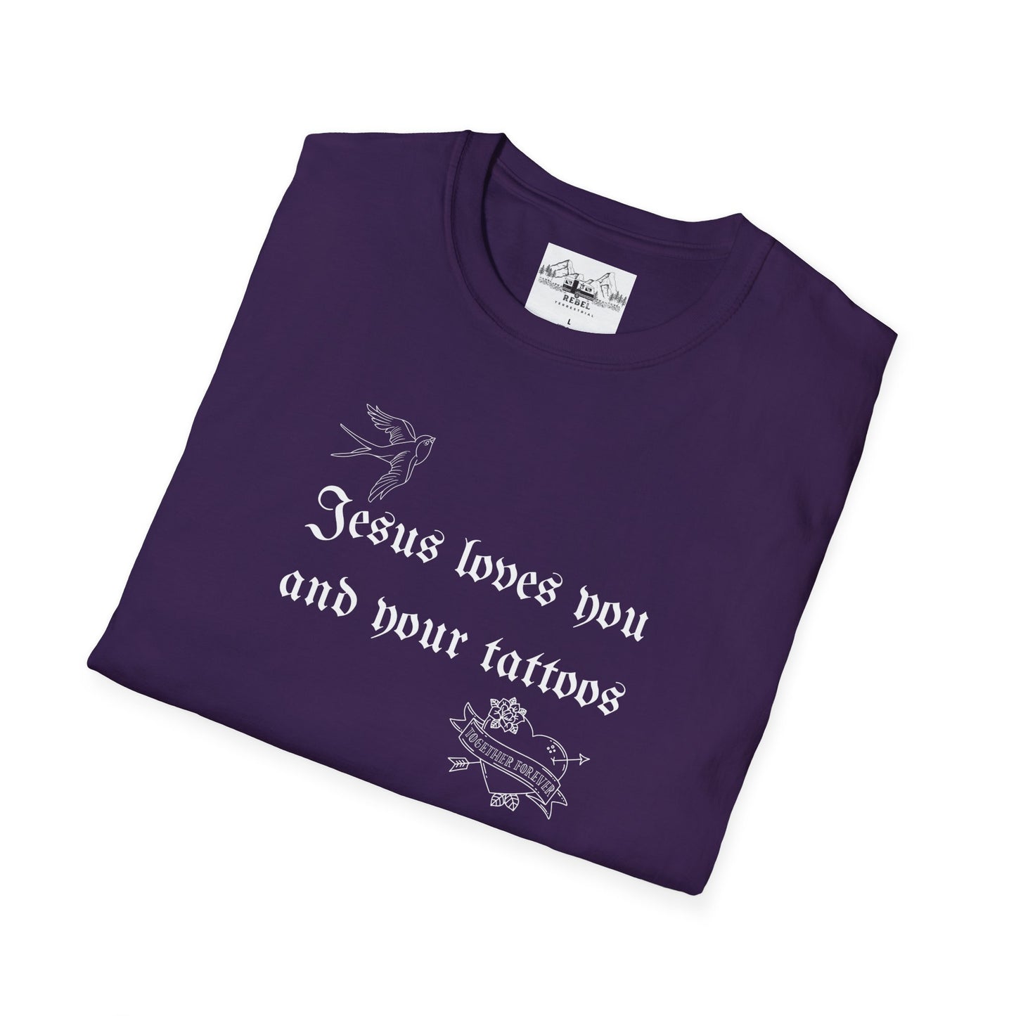 Jesus Loves You and Your Tattoos – Tattoo Dove & Heart T-Shirt
