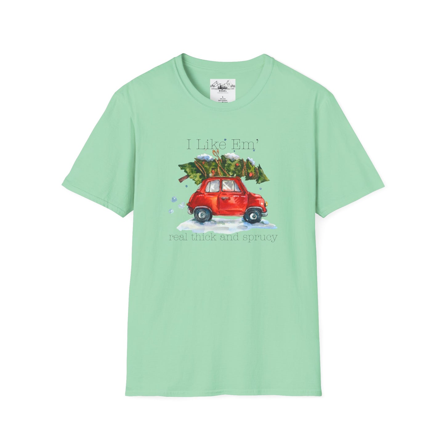 I Like 'Em Real Thick and Sprucy T-Shirt | Watercolor Retro Car & Tree