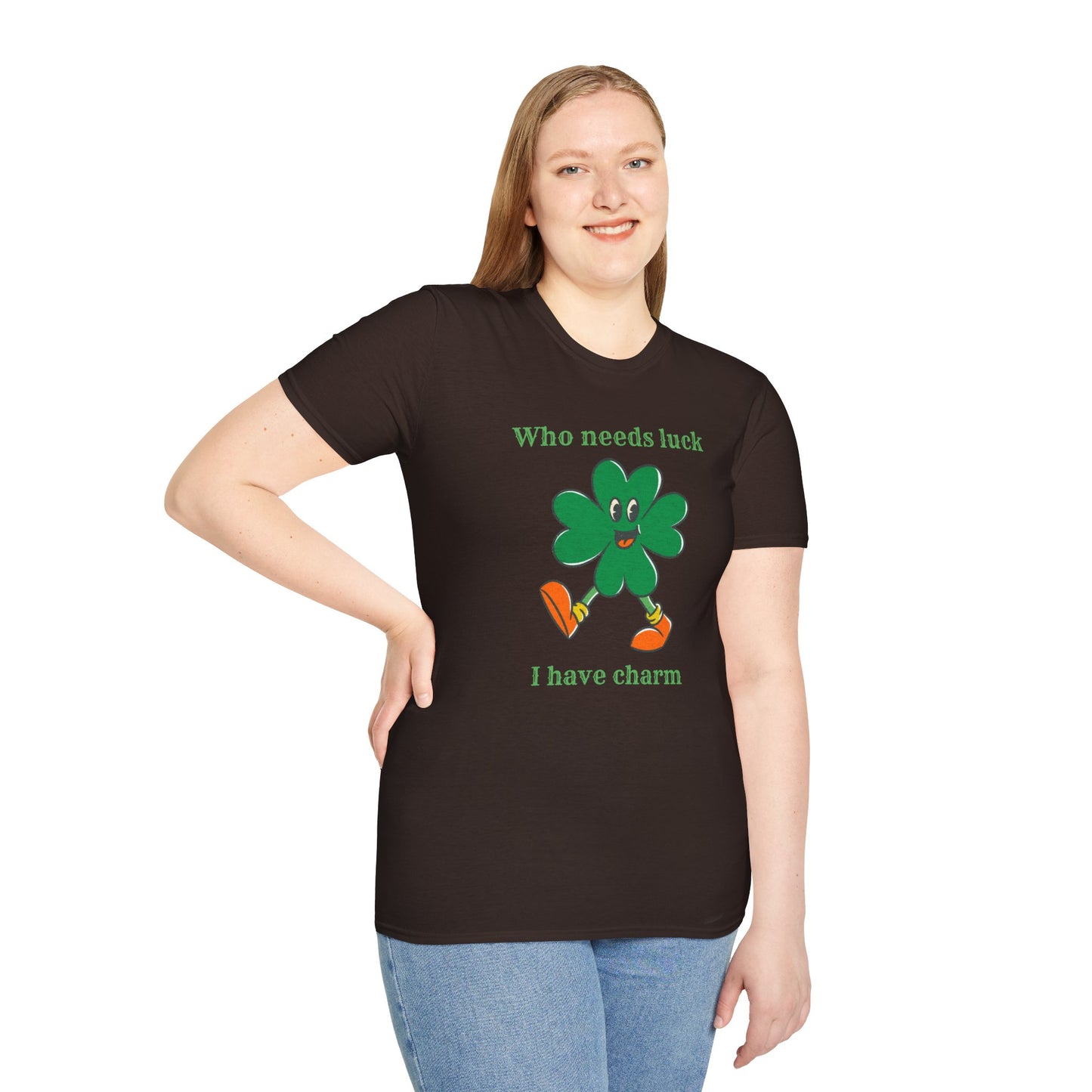 "Who Needs Luck" Graphic Tee – Cheerful Shamrock Character