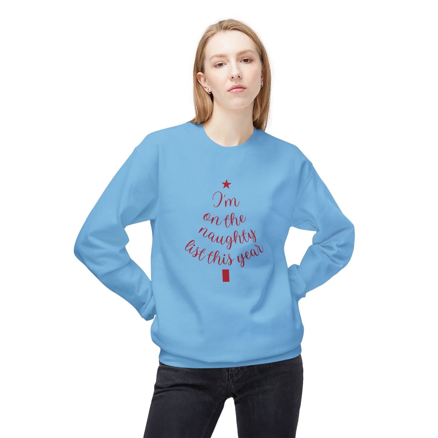 "Naughty List This Year" — Minimalist Tree Script Cozy Crewneck Sweatshirt