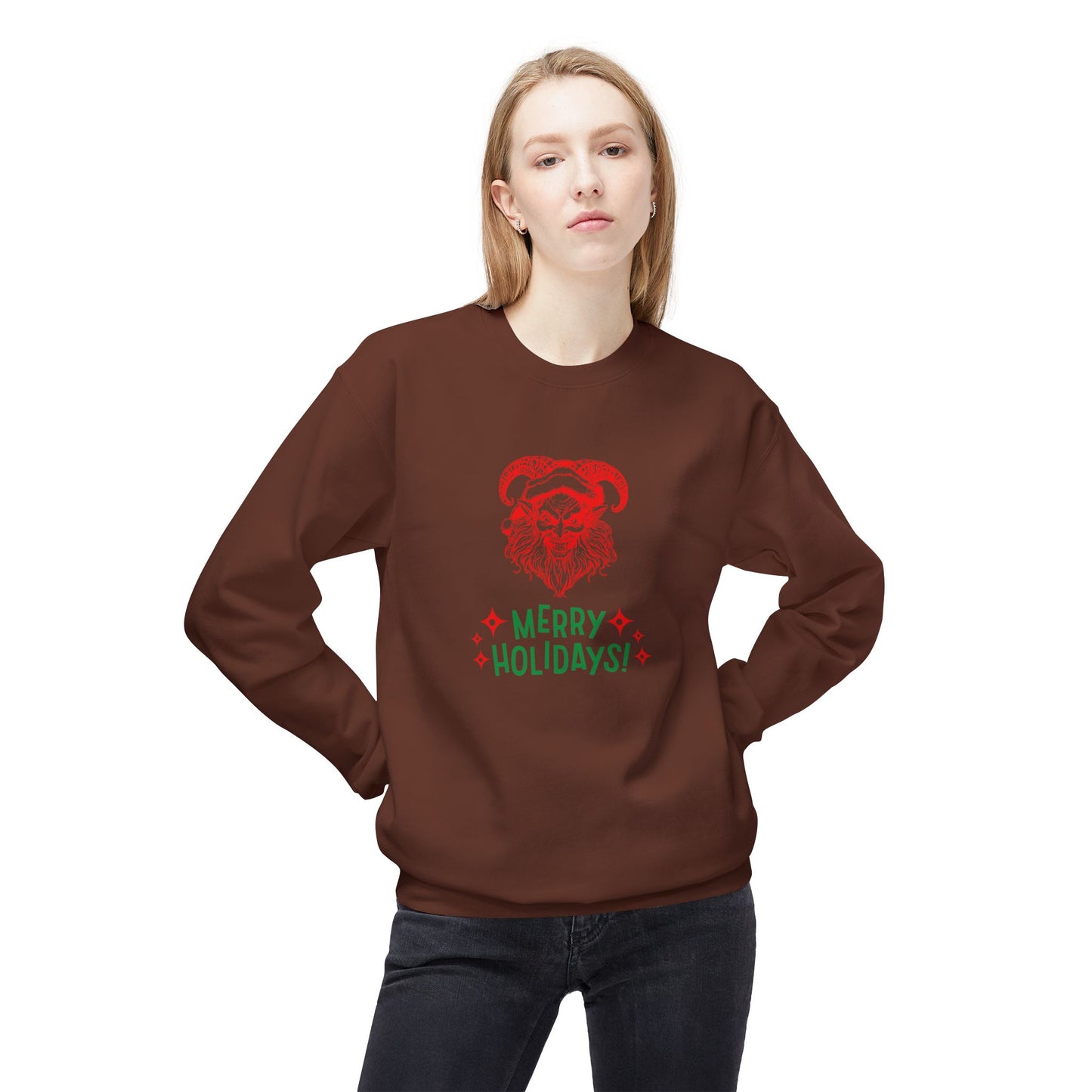 Smiling Krampus "Merry Holidays" Midweight Crewneck Sweatshirt | Cozy Fleece