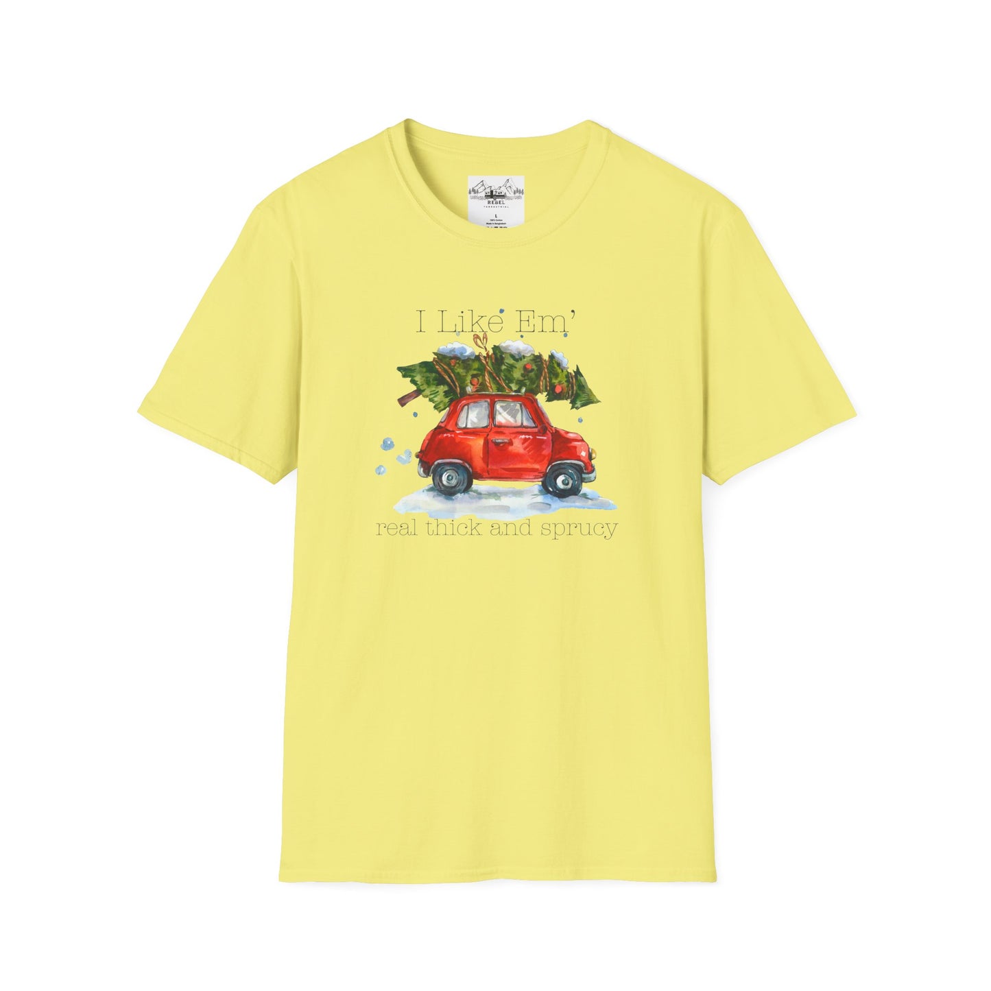 I Like 'Em Real Thick and Sprucy T-Shirt | Watercolor Retro Car & Tree
