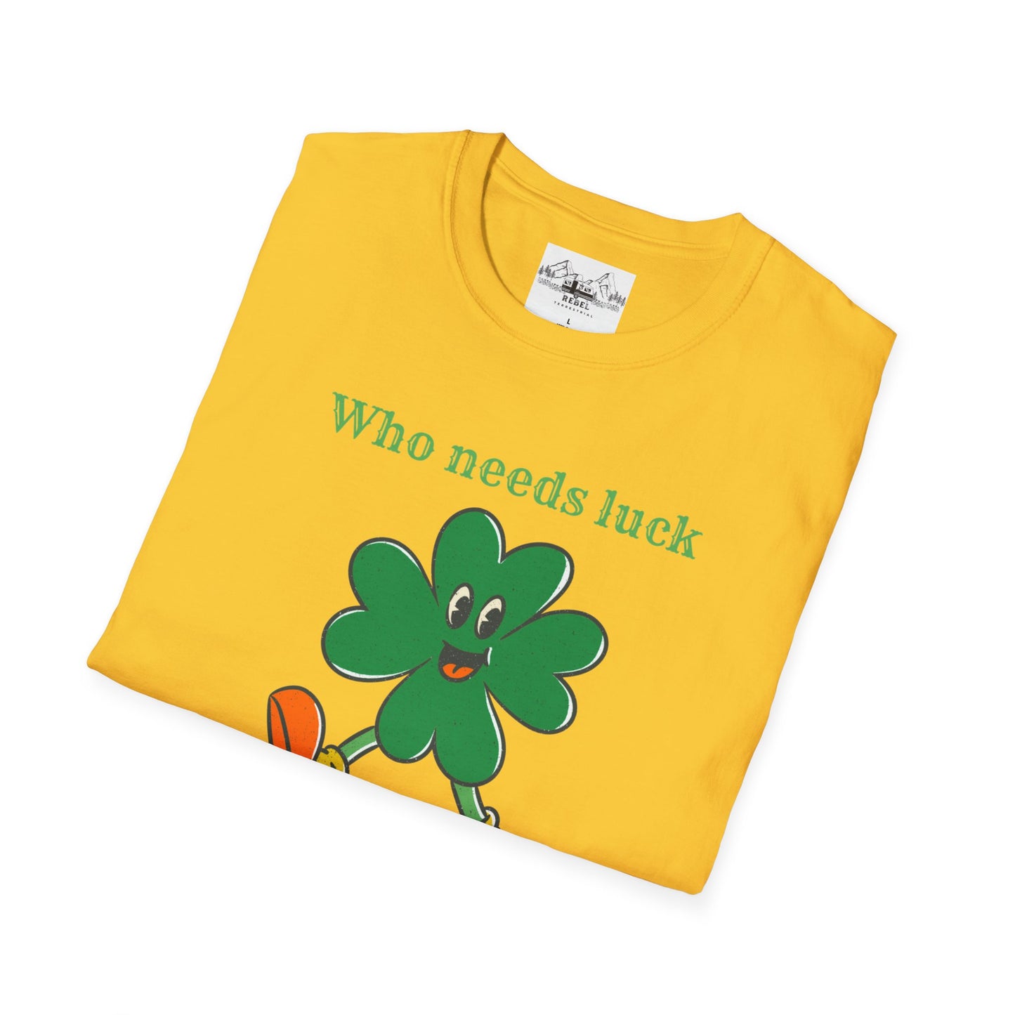 "Who Needs Luck" Graphic Tee – Cheerful Shamrock Character