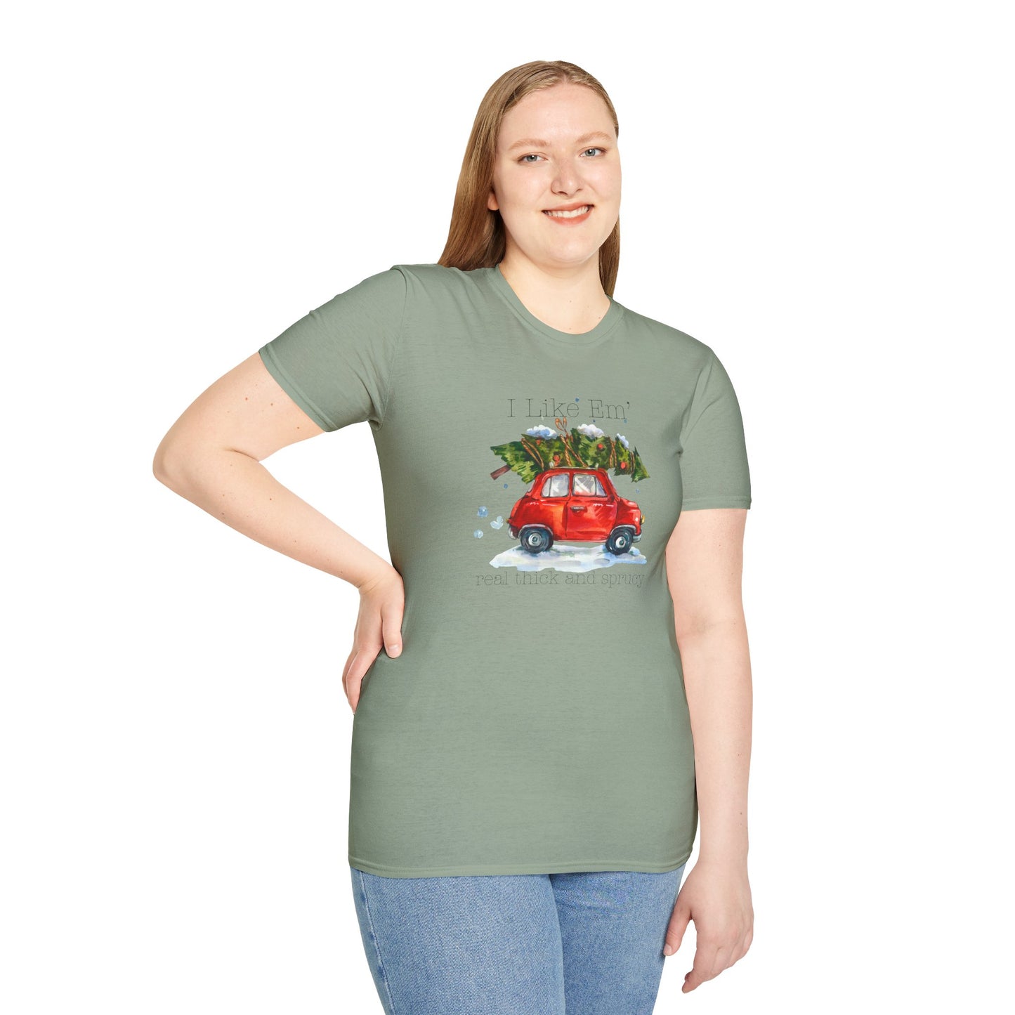 I Like 'Em Real Thick and Sprucy T-Shirt | Watercolor Retro Car & Tree