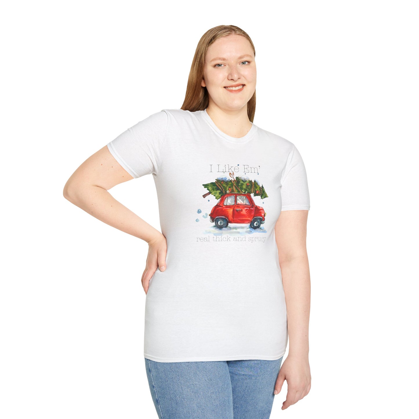 I Like 'Em Real Thick and Sprucy T-Shirt | Watercolor Retro Car & Tree