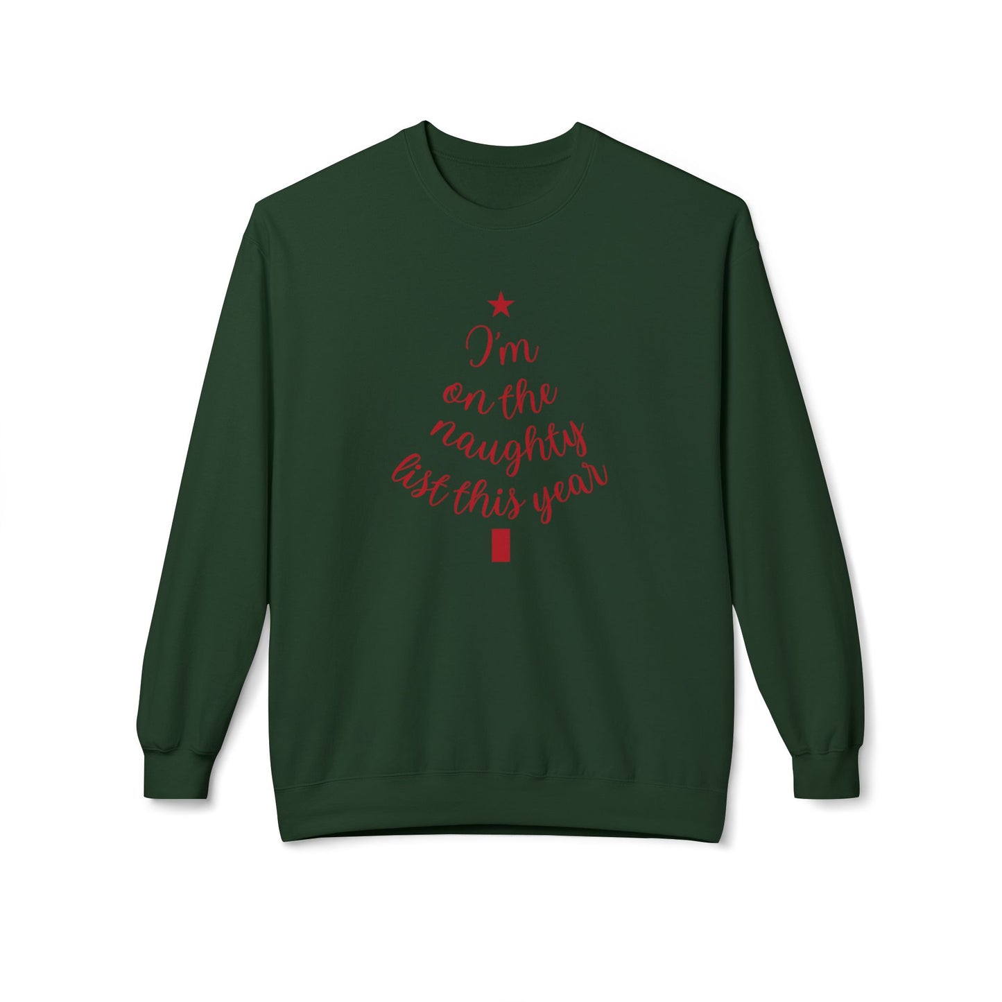"Naughty List This Year" — Minimalist Tree Script Cozy Crewneck Sweatshirt