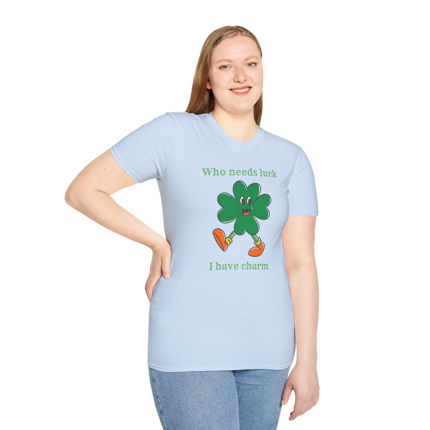 "Who Needs Luck" Graphic Tee – Cheerful Shamrock Character