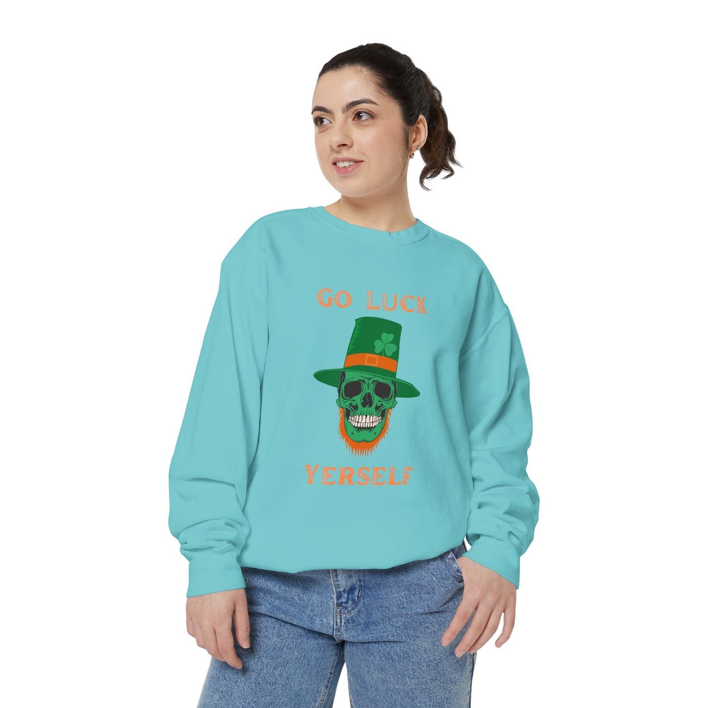 "Go Luck Yerself" Relaxed Fit Sweatshirt – Vintage Emerald Skull