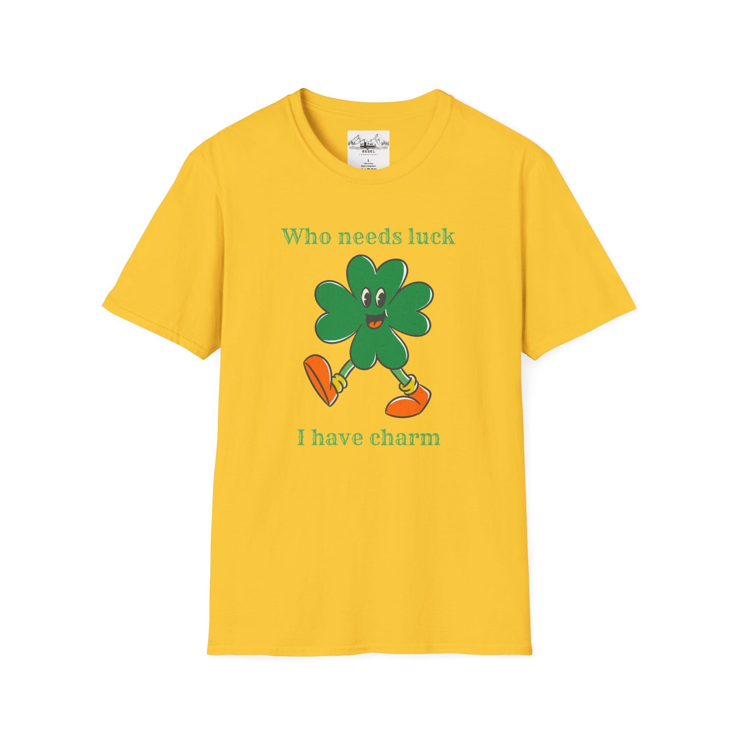 "Who Needs Luck" Graphic Tee – Cheerful Shamrock Character
