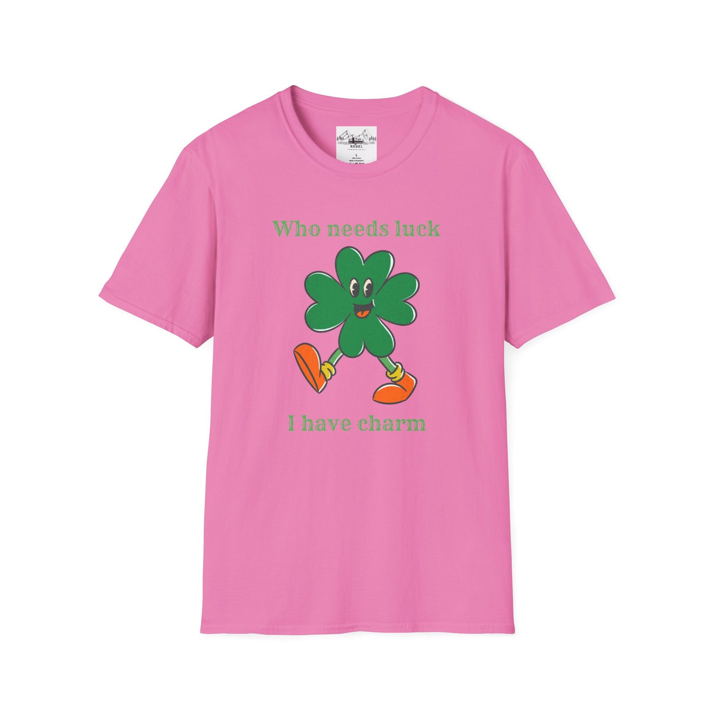 "Who Needs Luck" Graphic Tee – Cheerful Shamrock Character