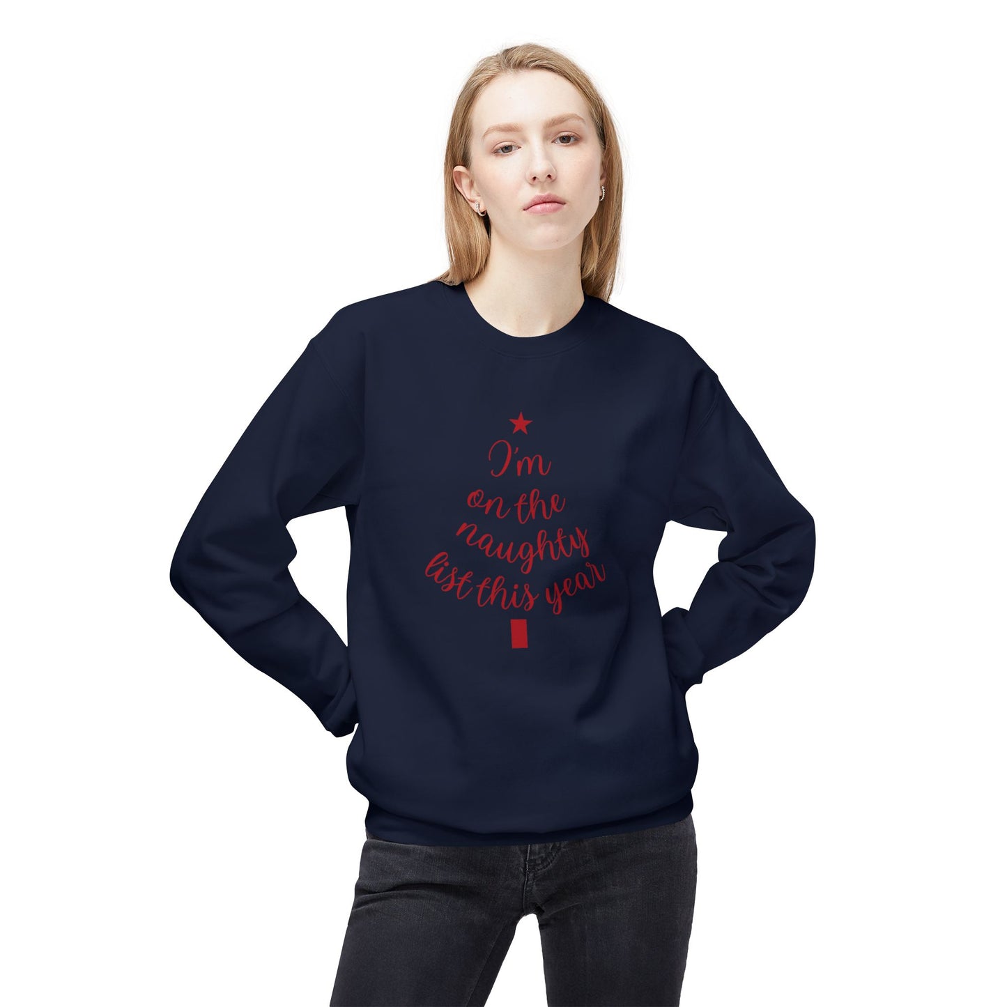 "Naughty List This Year" — Minimalist Tree Script Cozy Crewneck Sweatshirt