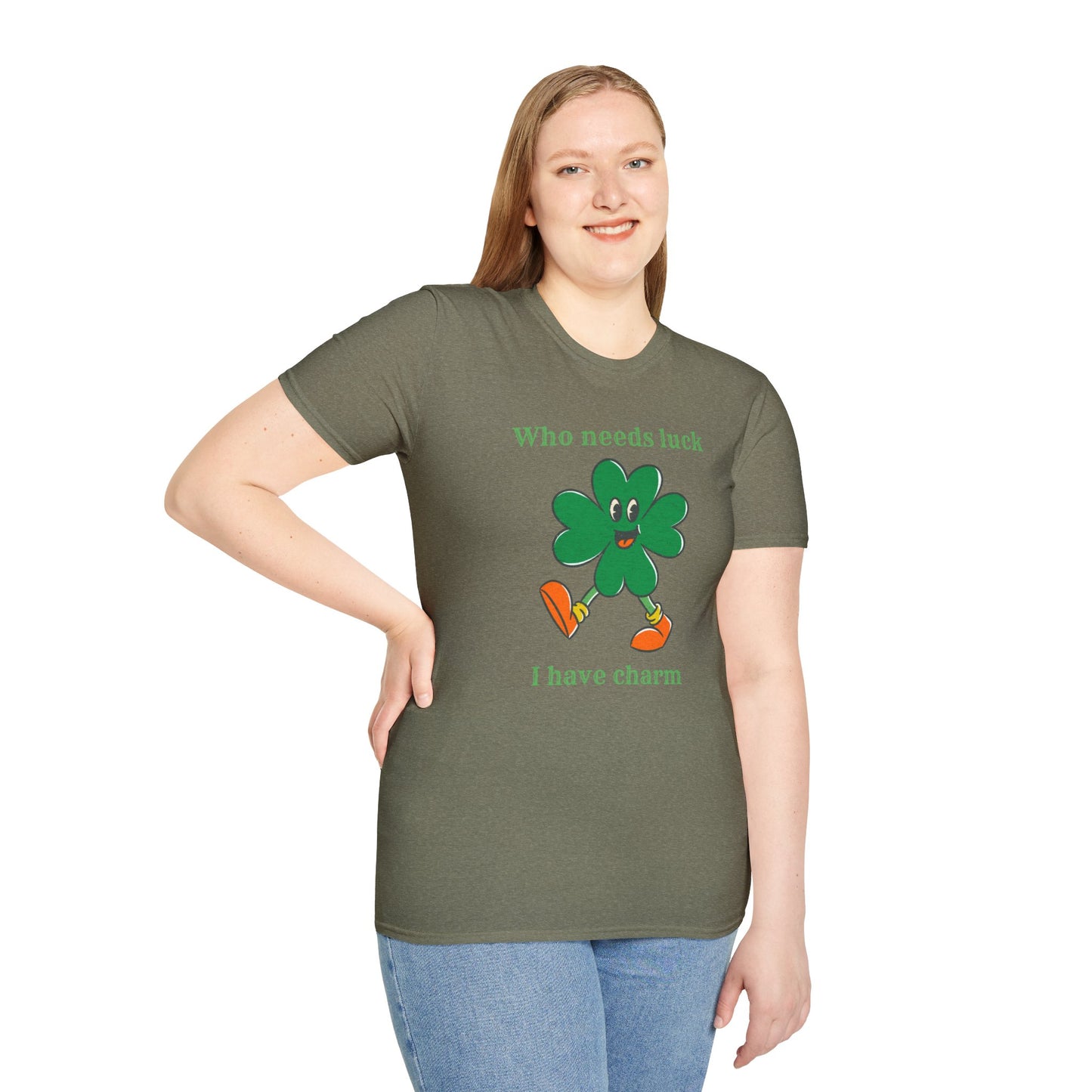 "Who Needs Luck" Graphic Tee – Cheerful Shamrock Character