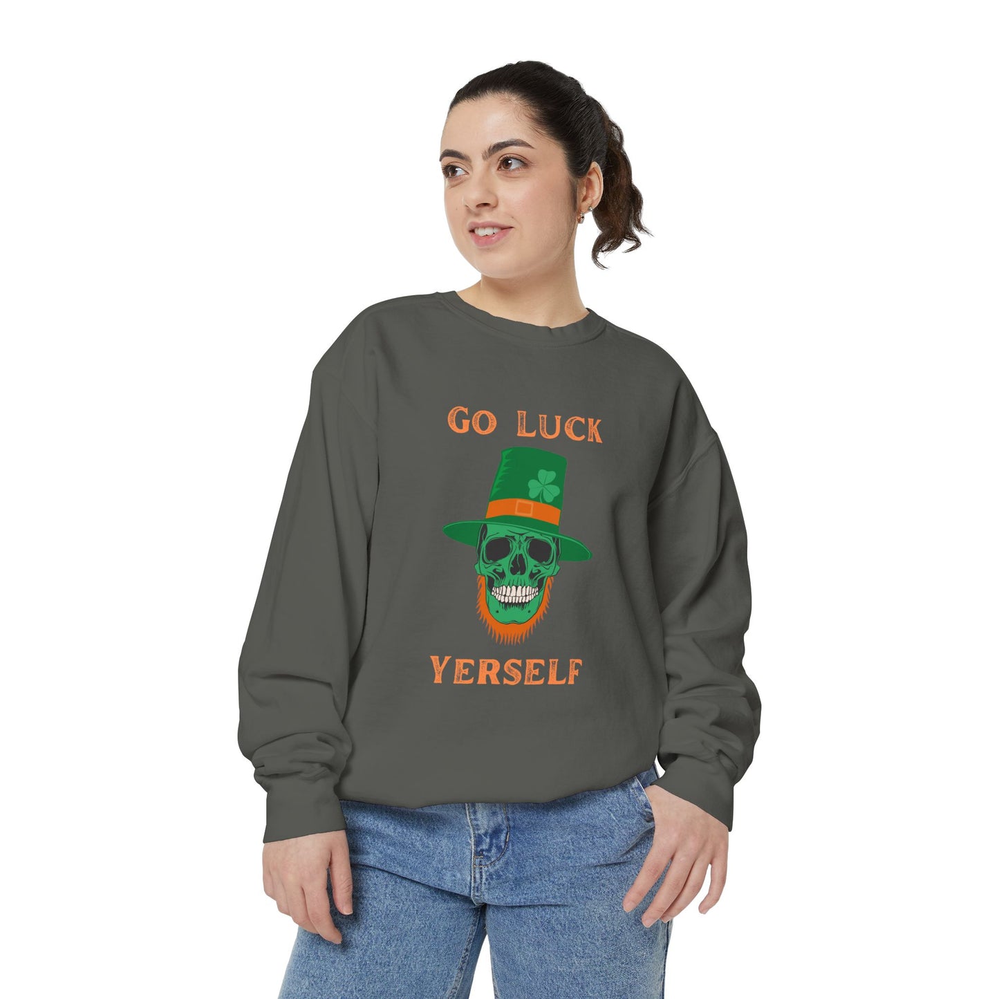 "Go Luck Yerself" Relaxed Fit Sweatshirt – Vintage Emerald Skull