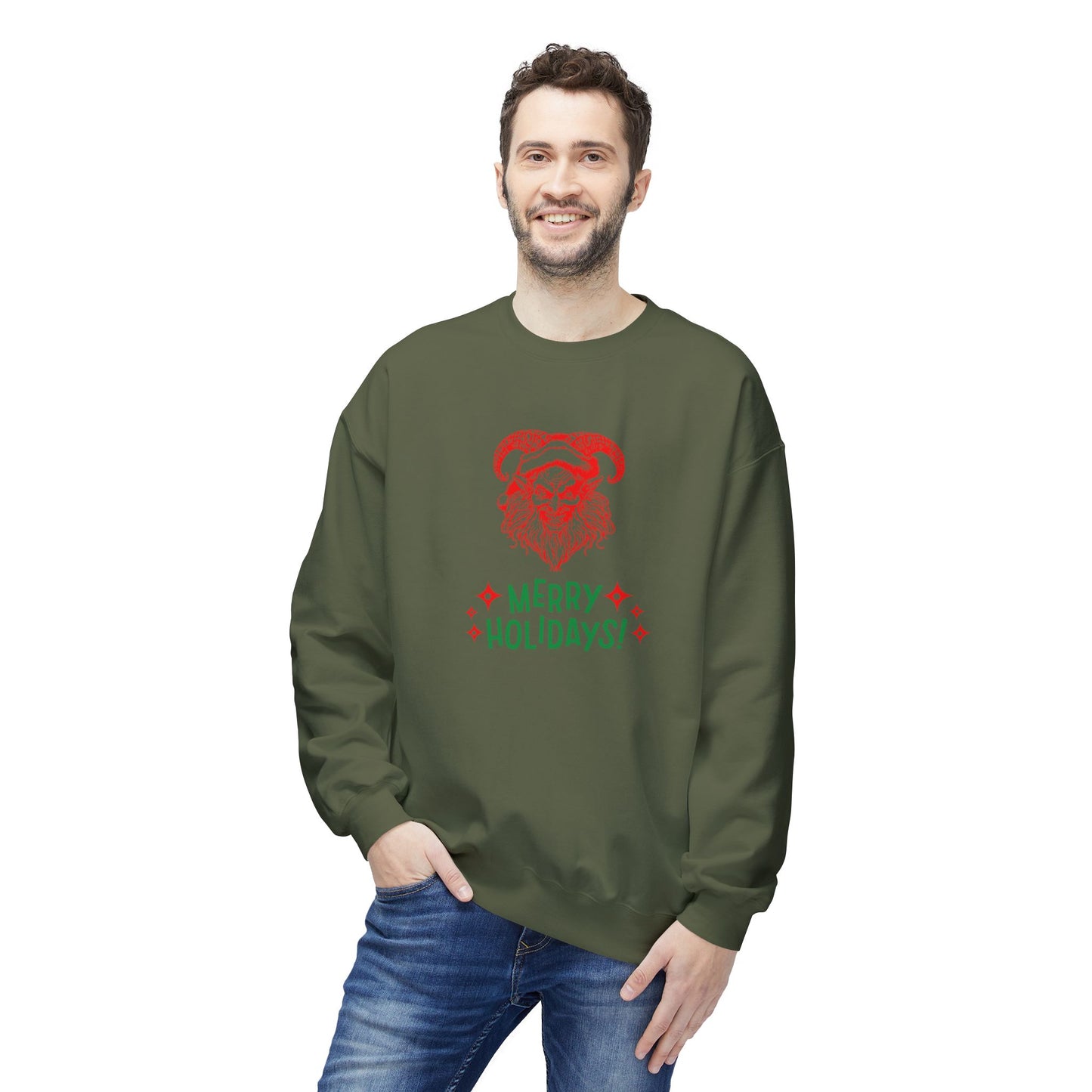 Smiling Krampus "Merry Holidays" Midweight Crewneck Sweatshirt | Cozy Fleece