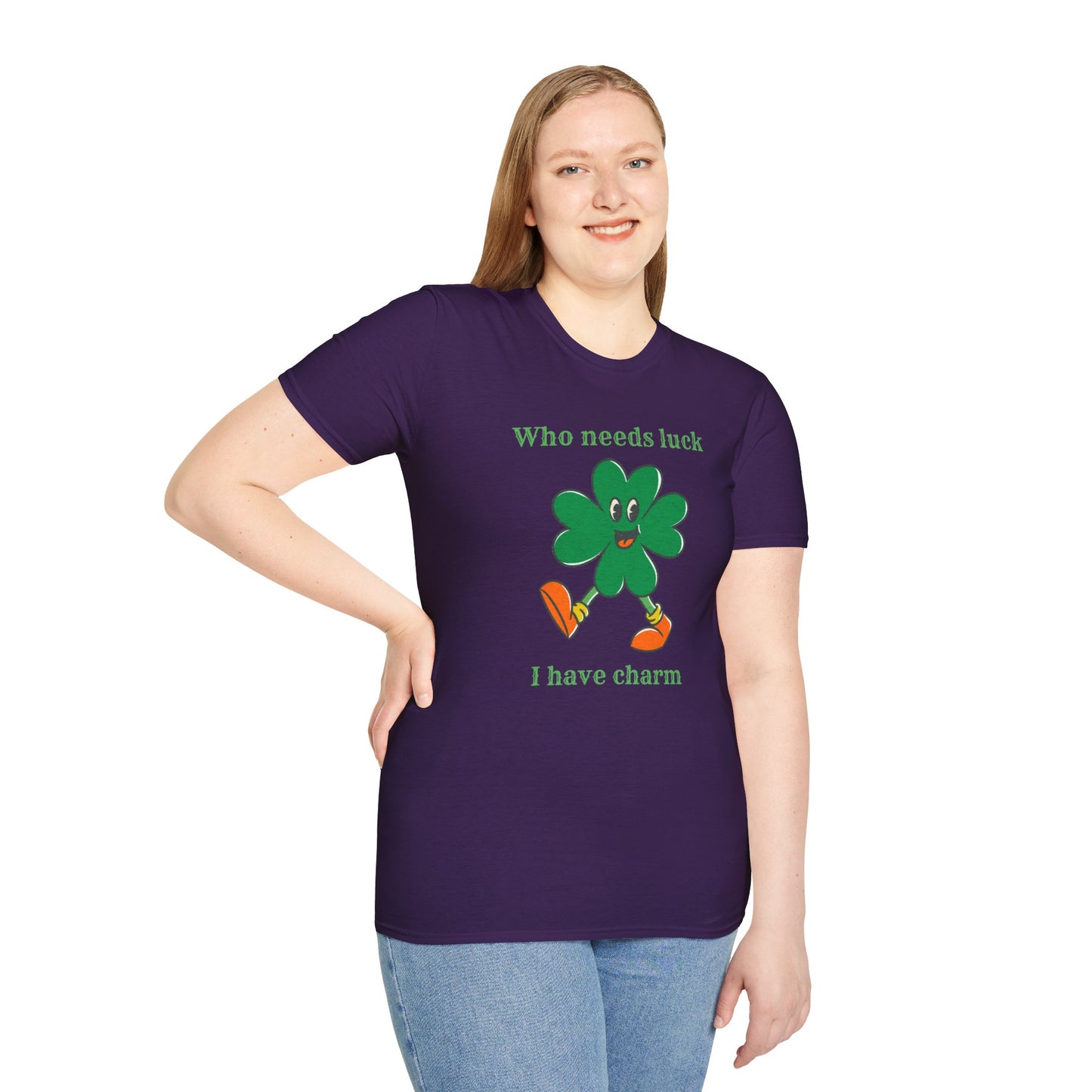 "Who Needs Luck" Graphic Tee – Cheerful Shamrock Character