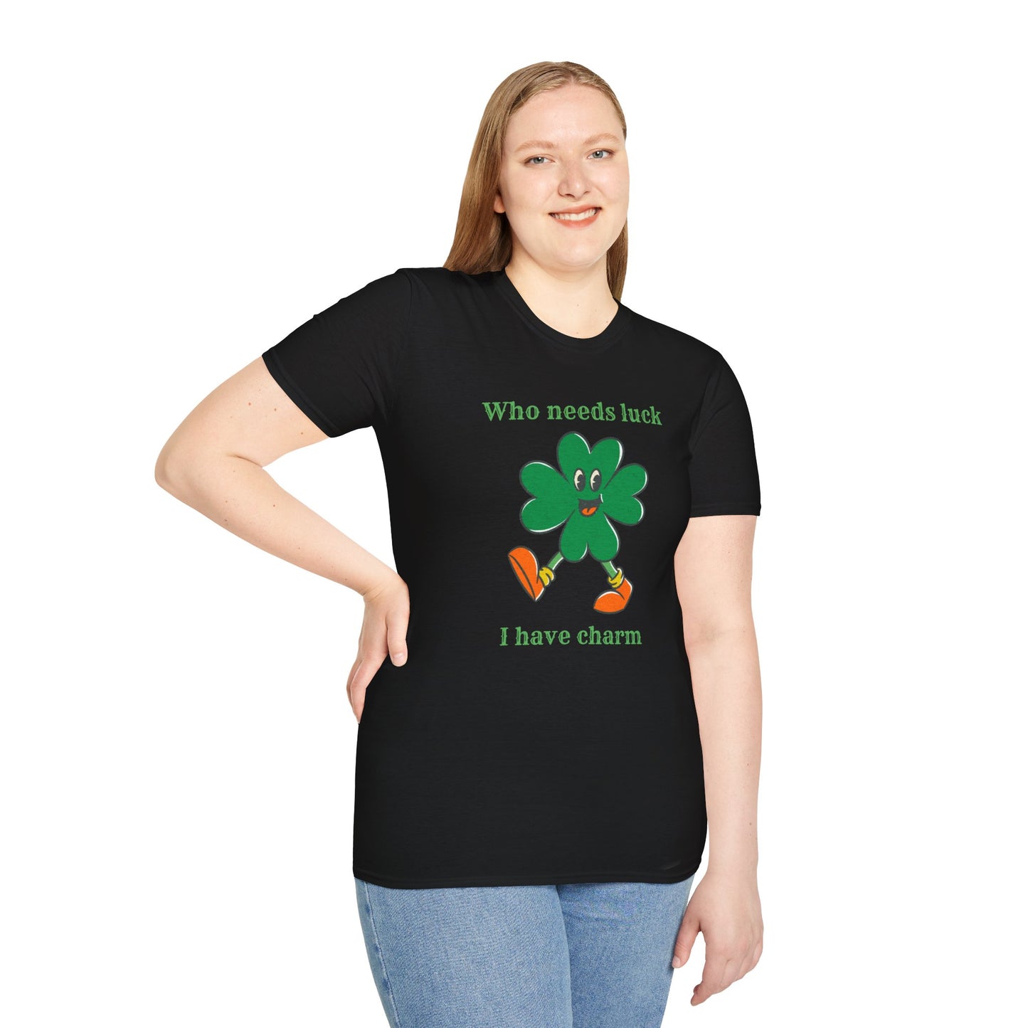 "Who Needs Luck" Graphic Tee – Cheerful Shamrock Character