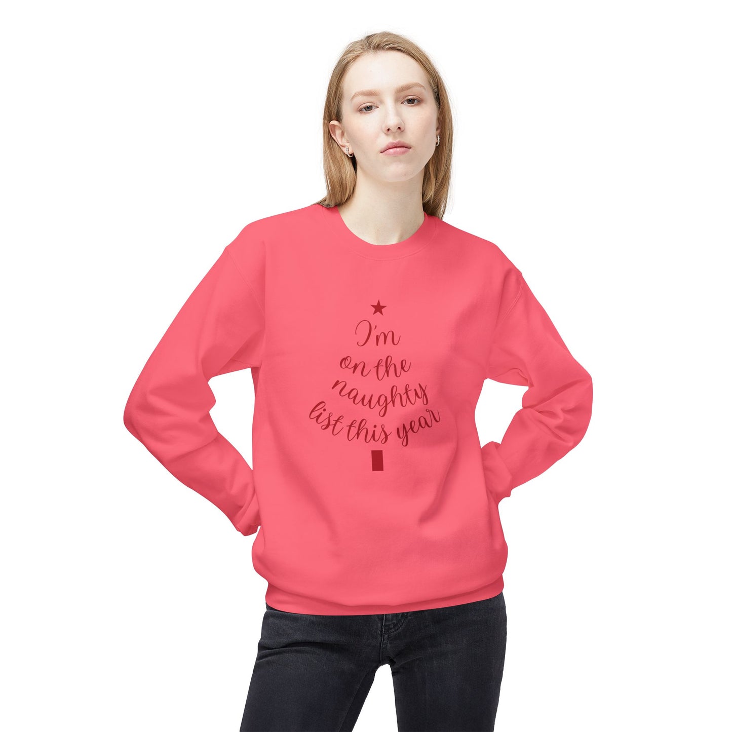 "Naughty List This Year" — Minimalist Tree Script Cozy Crewneck Sweatshirt