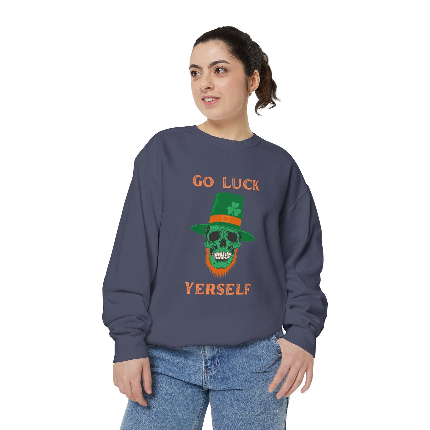 "Go Luck Yerself" Relaxed Fit Sweatshirt – Vintage Emerald Skull