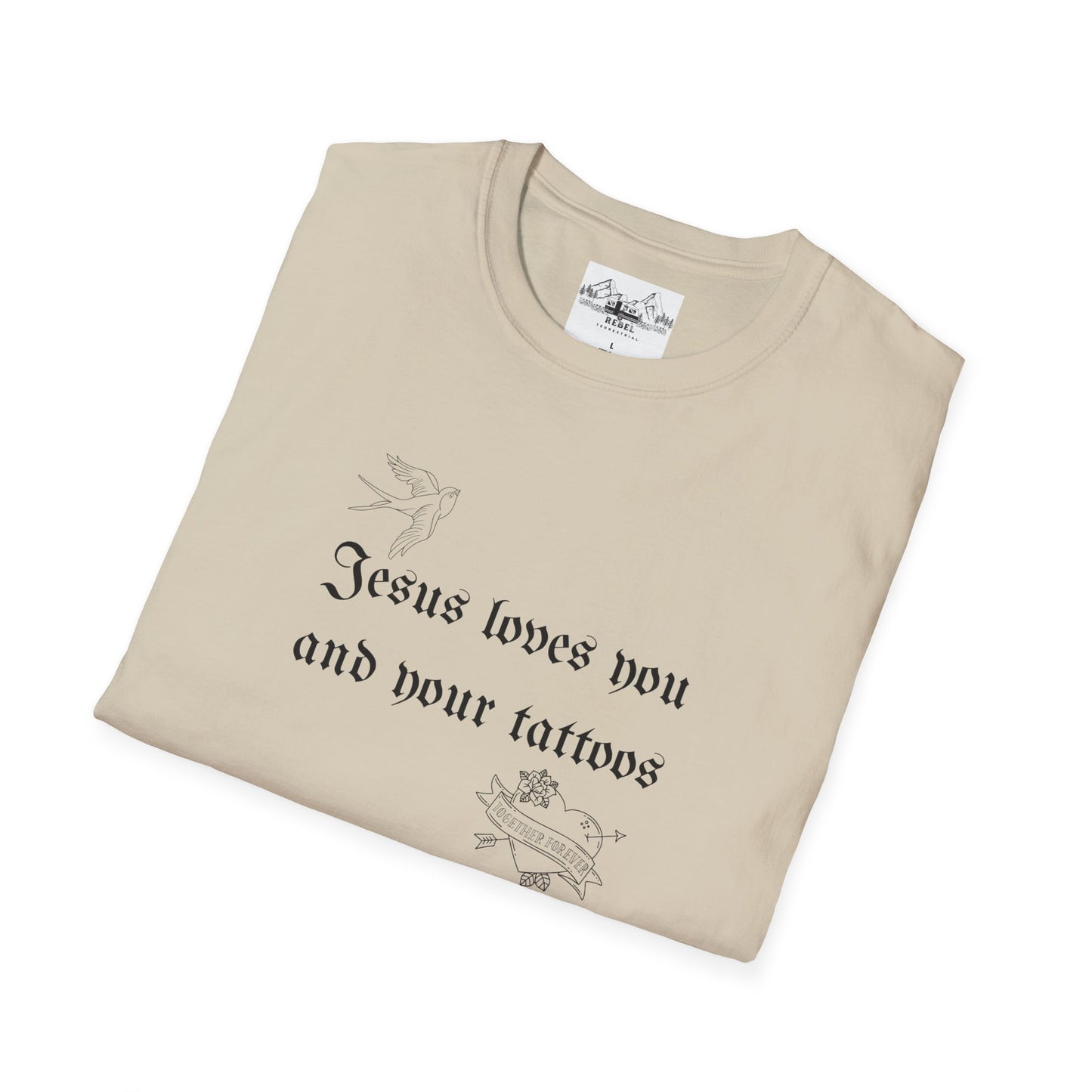 Jesus Loves You and Your Tattoos – Tattoo Dove & Heart T-Shirt