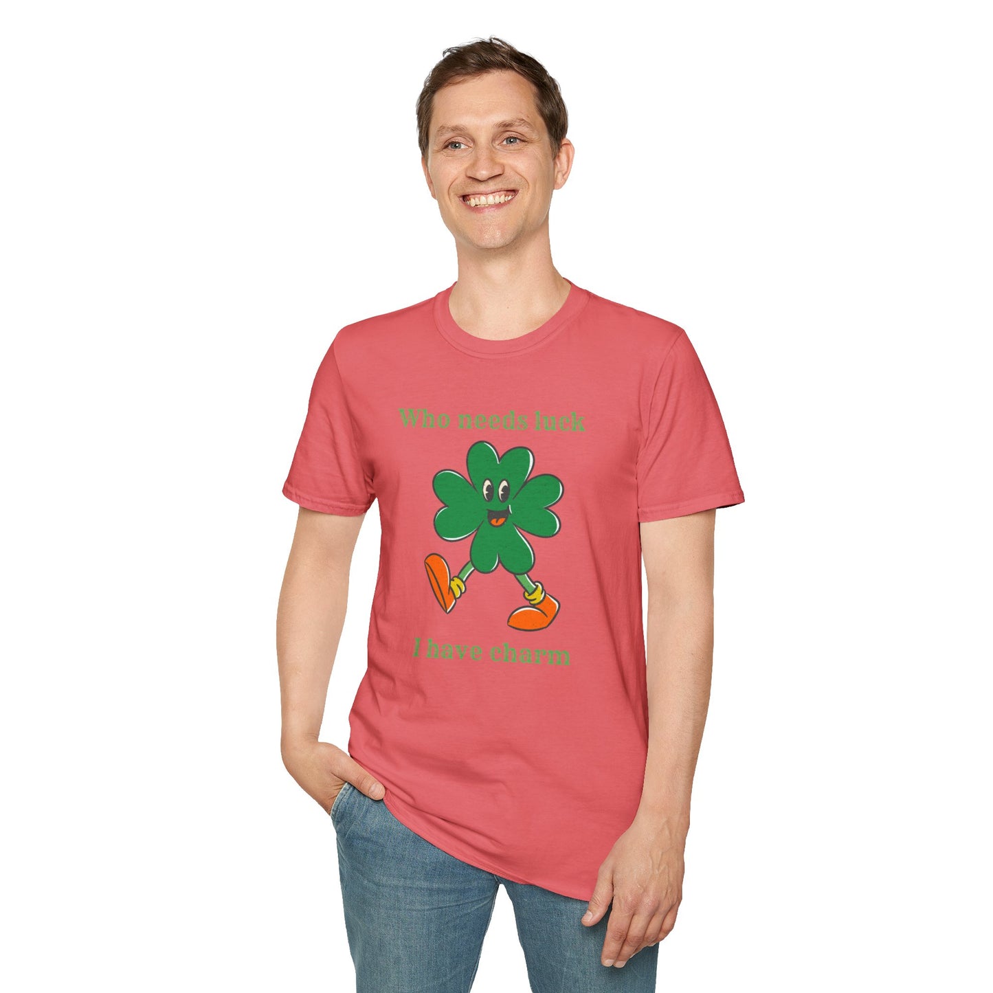 "Who Needs Luck" Graphic Tee – Cheerful Shamrock Character